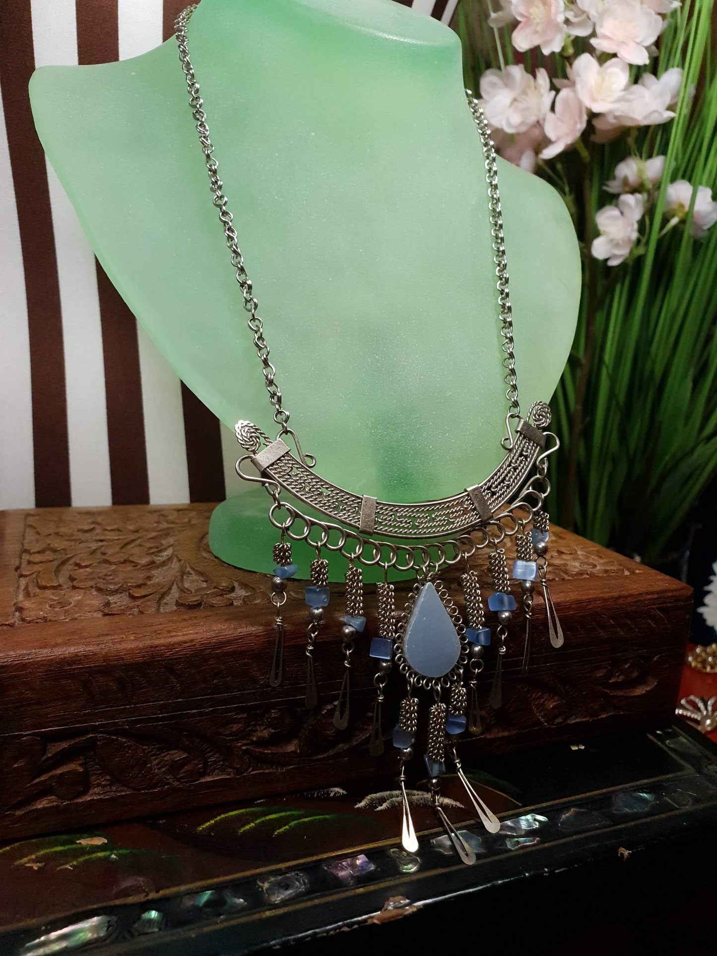 Vintage 1970s Blue Aventurine Necklace 18" Boho Moonglow Bohemian