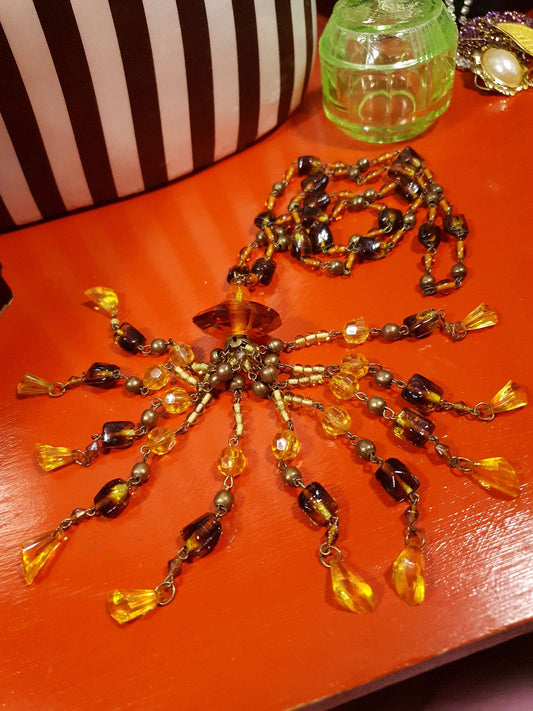 Vintage 1970s Boho Beaded Necklace Orange Yellow Glass Bohemian Long Retro