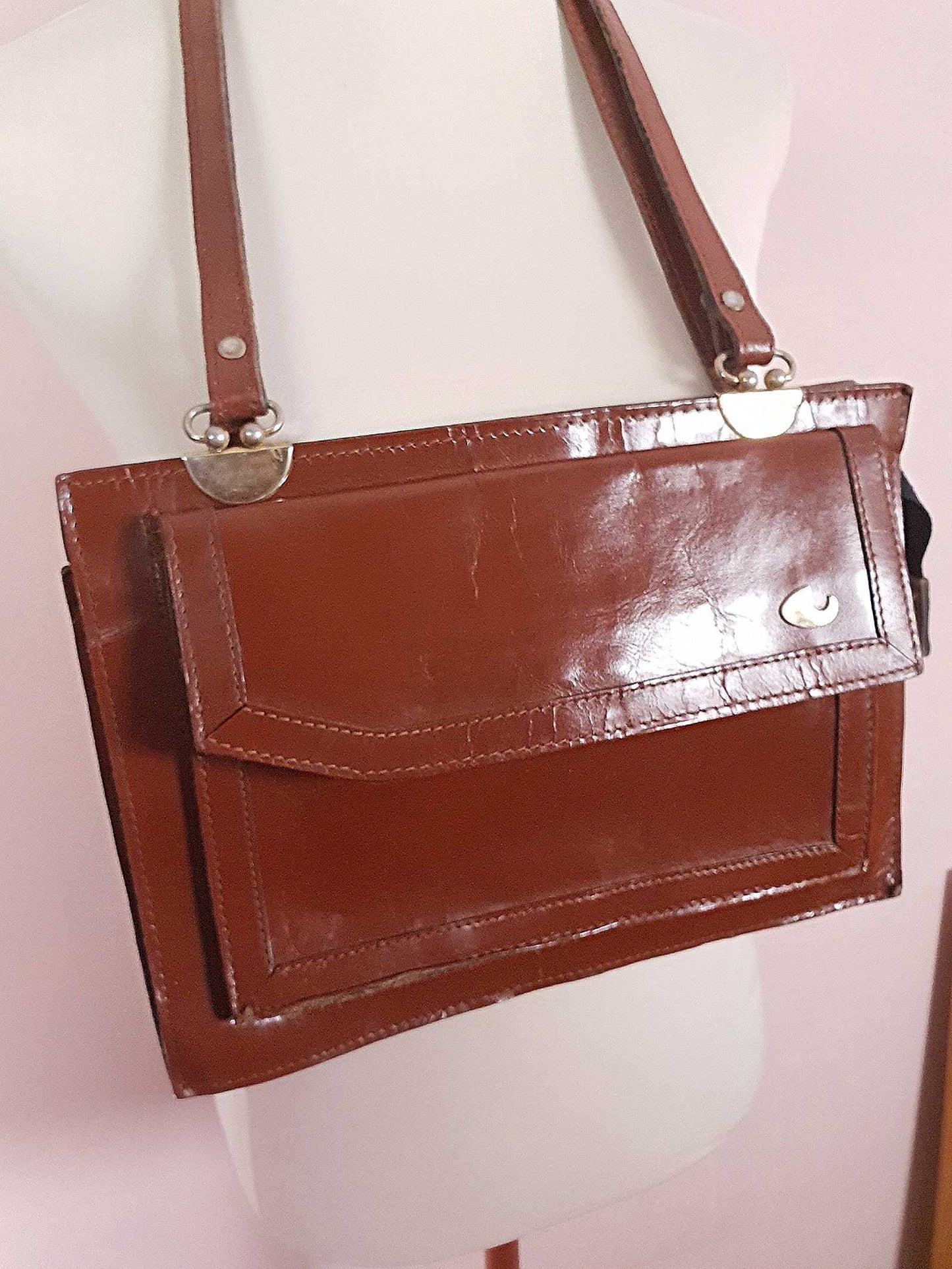 Vintage 1970s Large Brown Leather Shoulder Bag Handbag Retro 70s