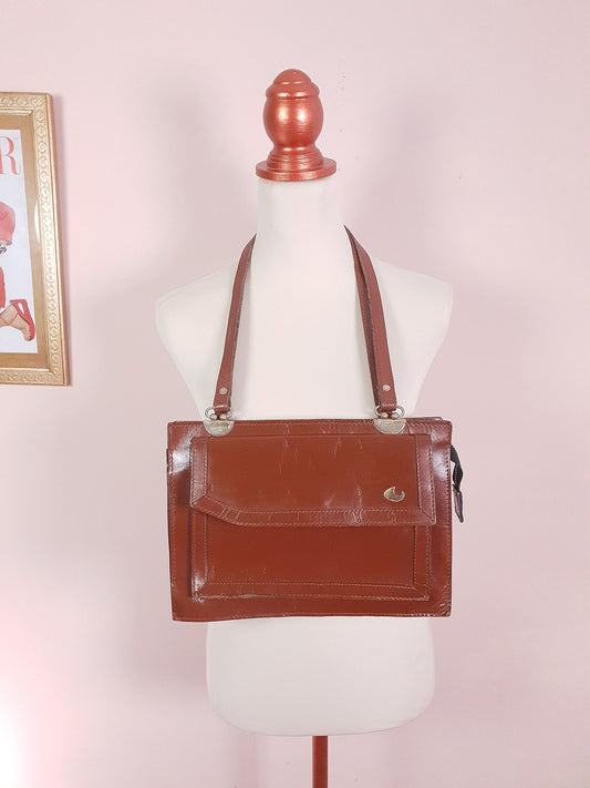 1970s Vintage Large Brown Leather Shoulder Bag Handbag Retro 70s