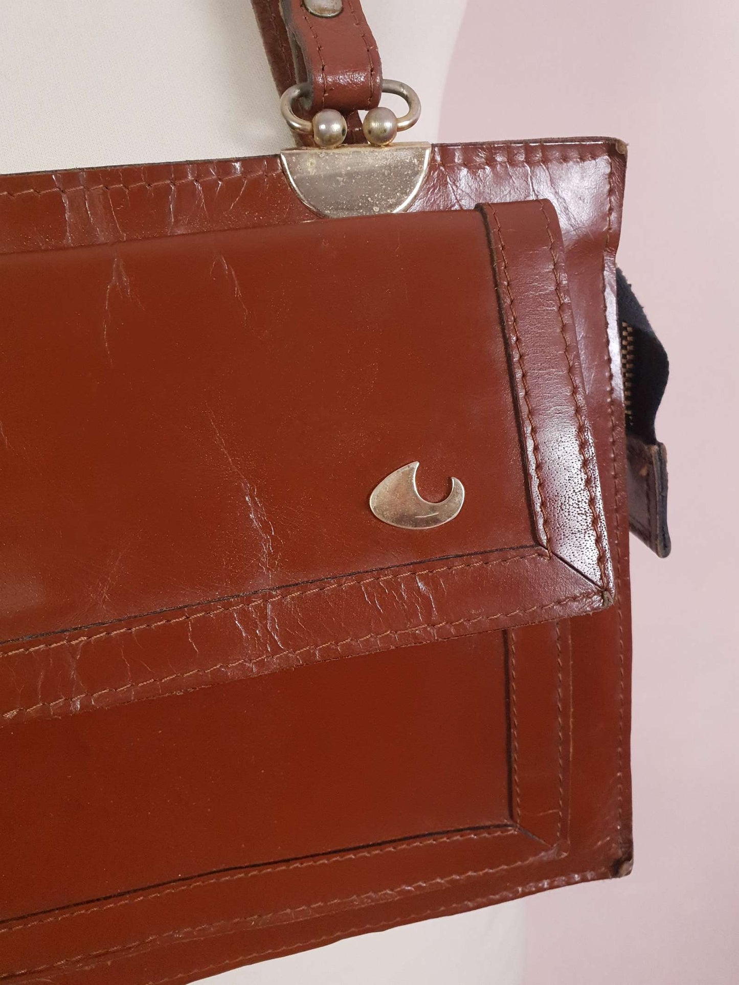 Vintage 1970s Large Brown Leather Shoulder Bag Handbag Retro 70s