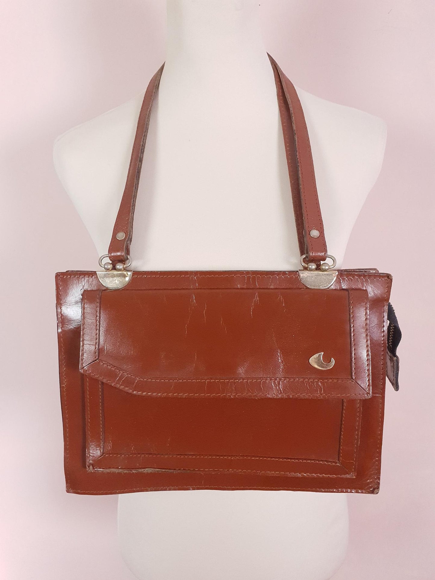 Vintage 1970s Large Brown Leather Shoulder Bag Handbag Retro 70s