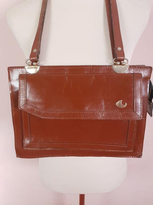 1970s Vintage Large Brown Leather Shoulder Bag Handbag Retro 70s