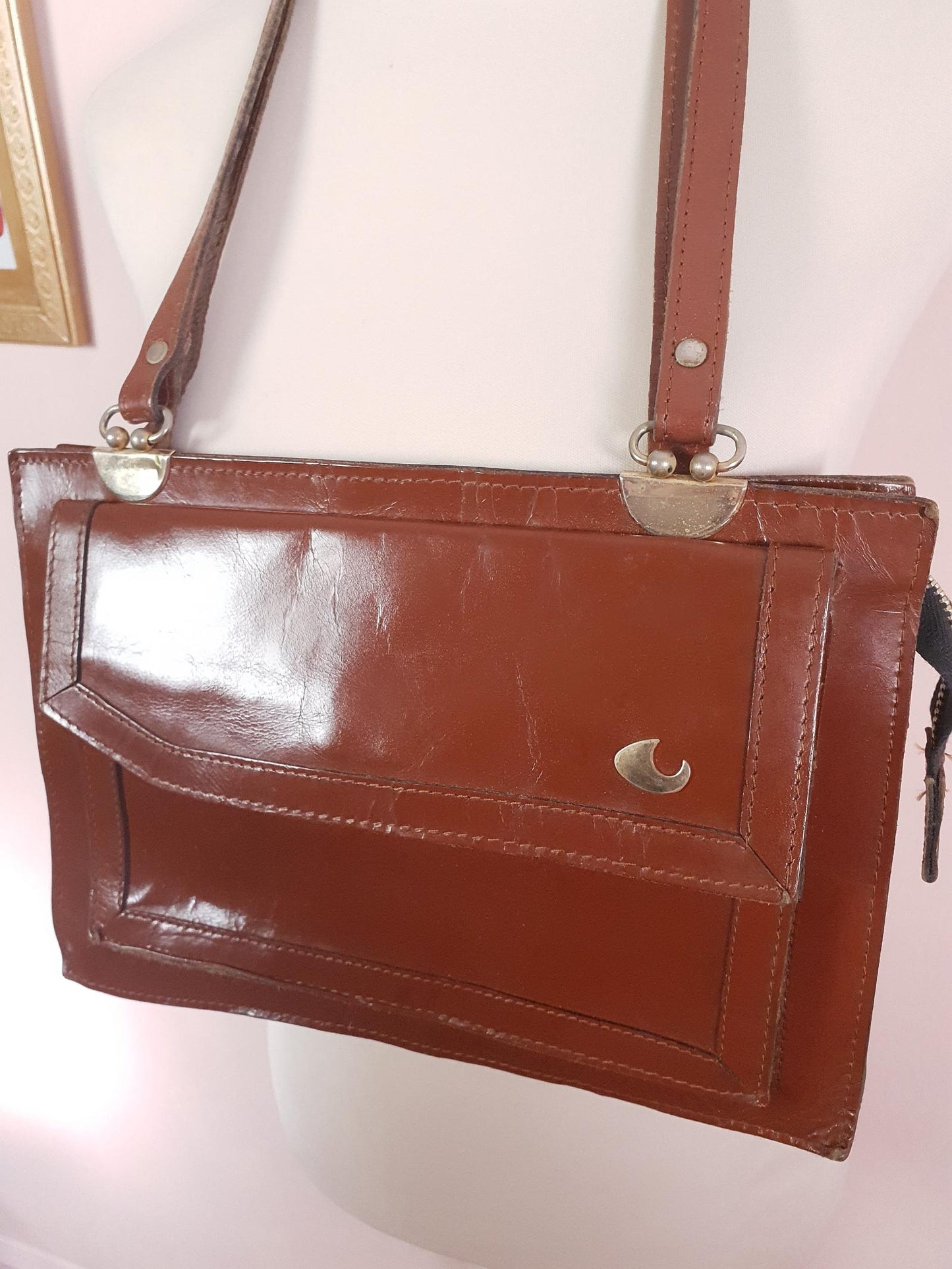 Vintage 1970s Large Brown Leather Shoulder Bag Handbag Retro 70s