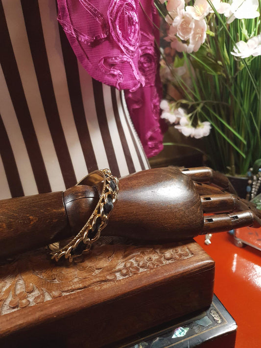 Vintage 1970s Bangle Bracelet Boho Curb Chain Black Ribbon Retro