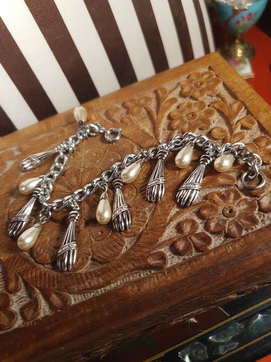 Vintage 1970s Charm Bracelet Teardrop Pearl Silver Tone