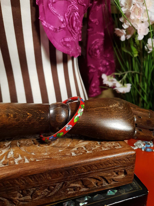 Vintage 1970s Cloisonne Bracelet Bangle Red Boho Bohemian Flower Floral