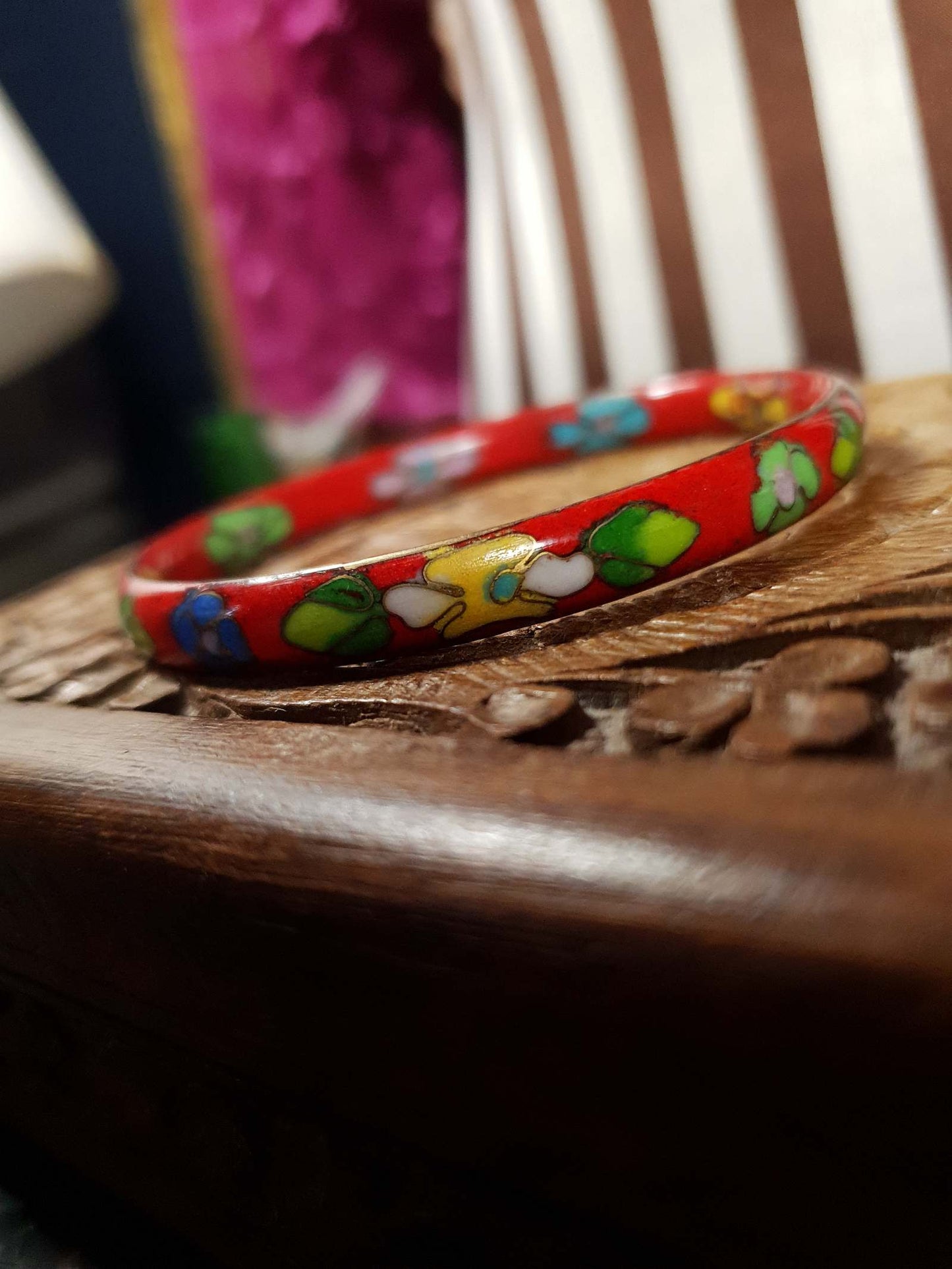 Vintage 1970s Cloisonne Bracelet Bangle Red Boho Bohemian Flower Floral