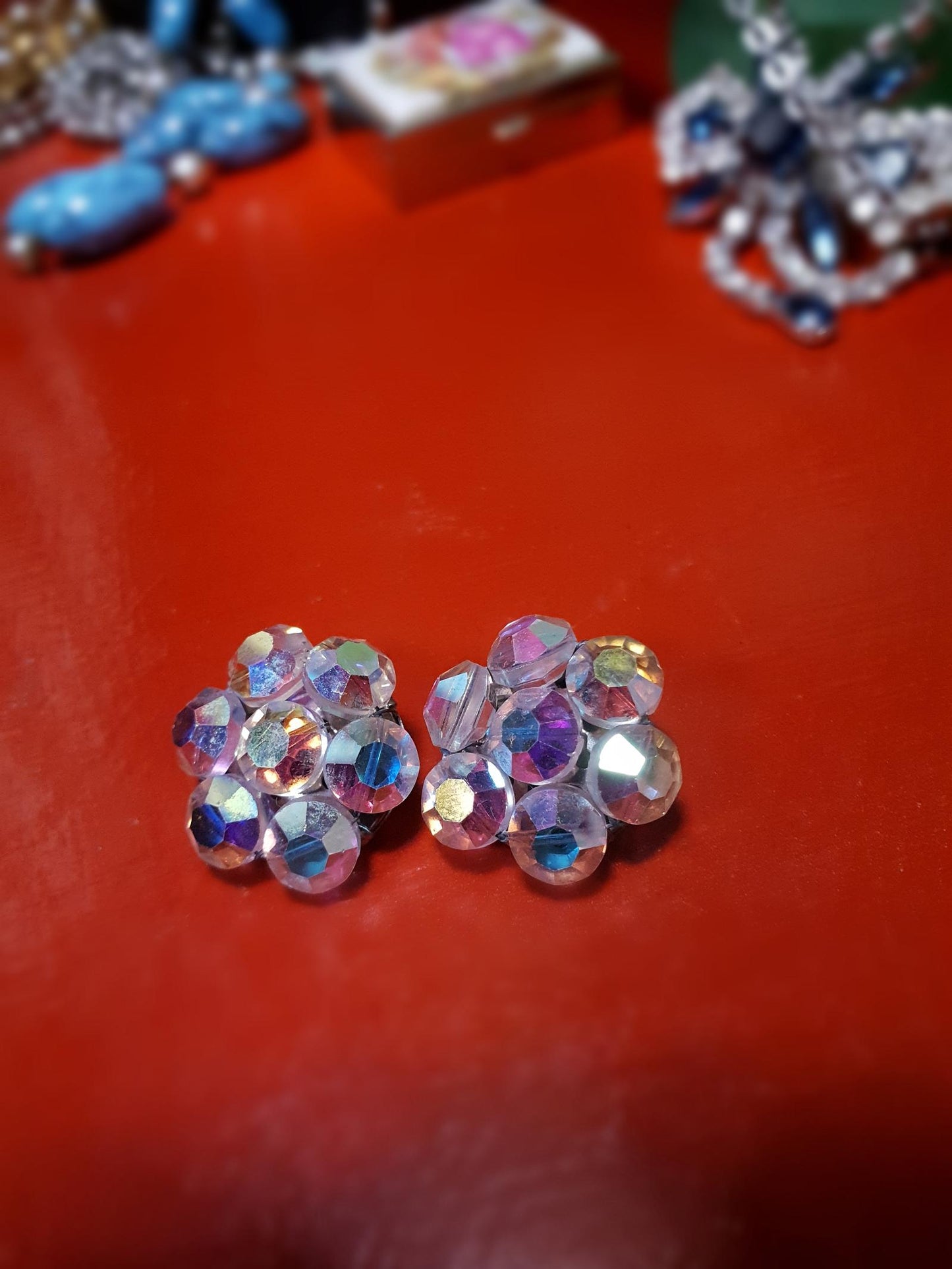 Vintage 1970s Crystal Aurora Borealis Earrings Clip-On AB Retro