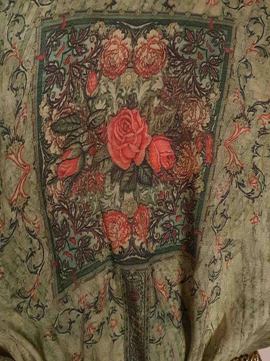 Vintage 1970s Ladies Kaftan Green & Pink Boho Retro Bohemian Beaded Maxi Caftan