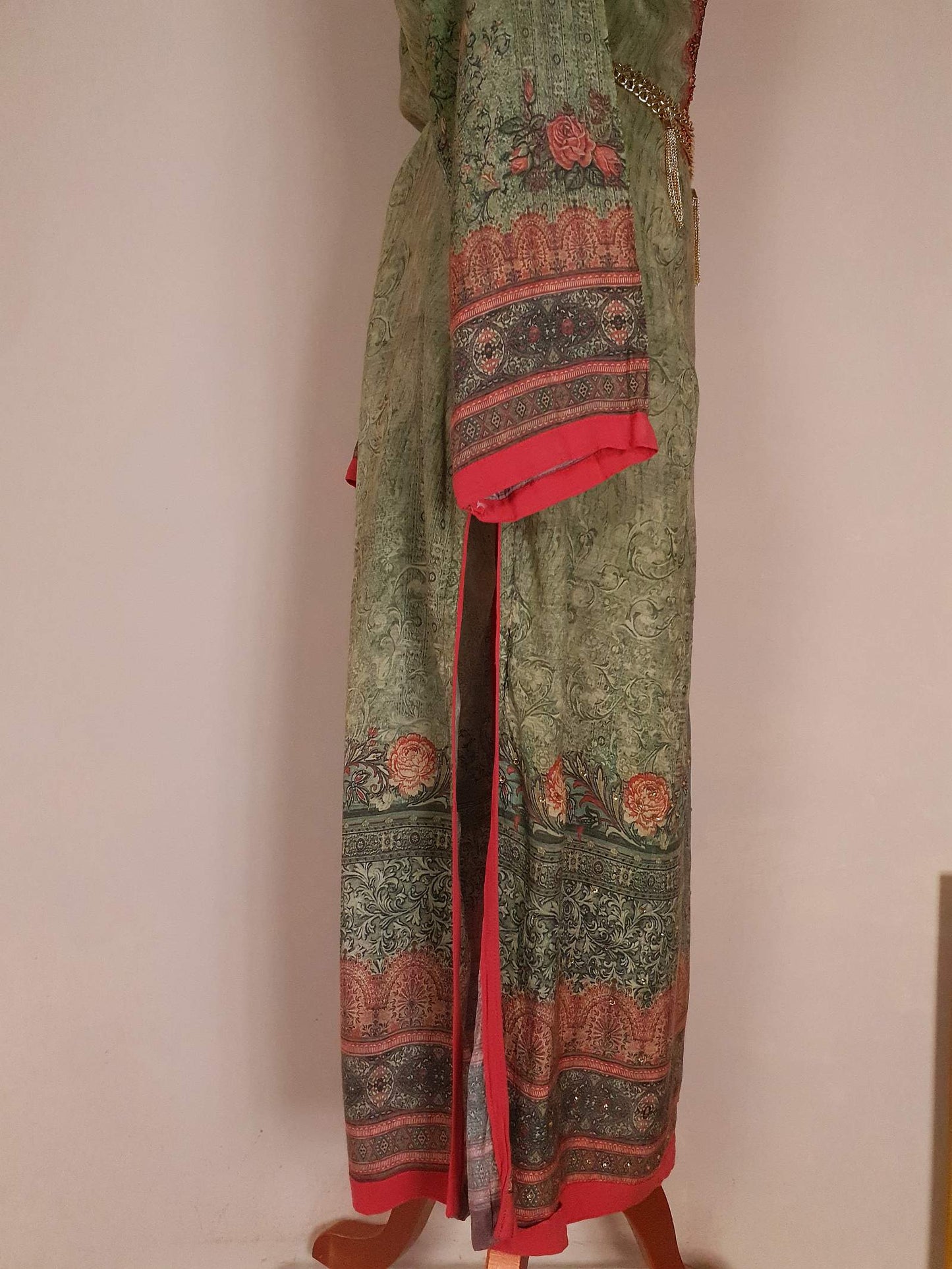 Vintage 1970s Bohemian Kaftan Green & Pink Boho Retro Beaded Maxi Caftan