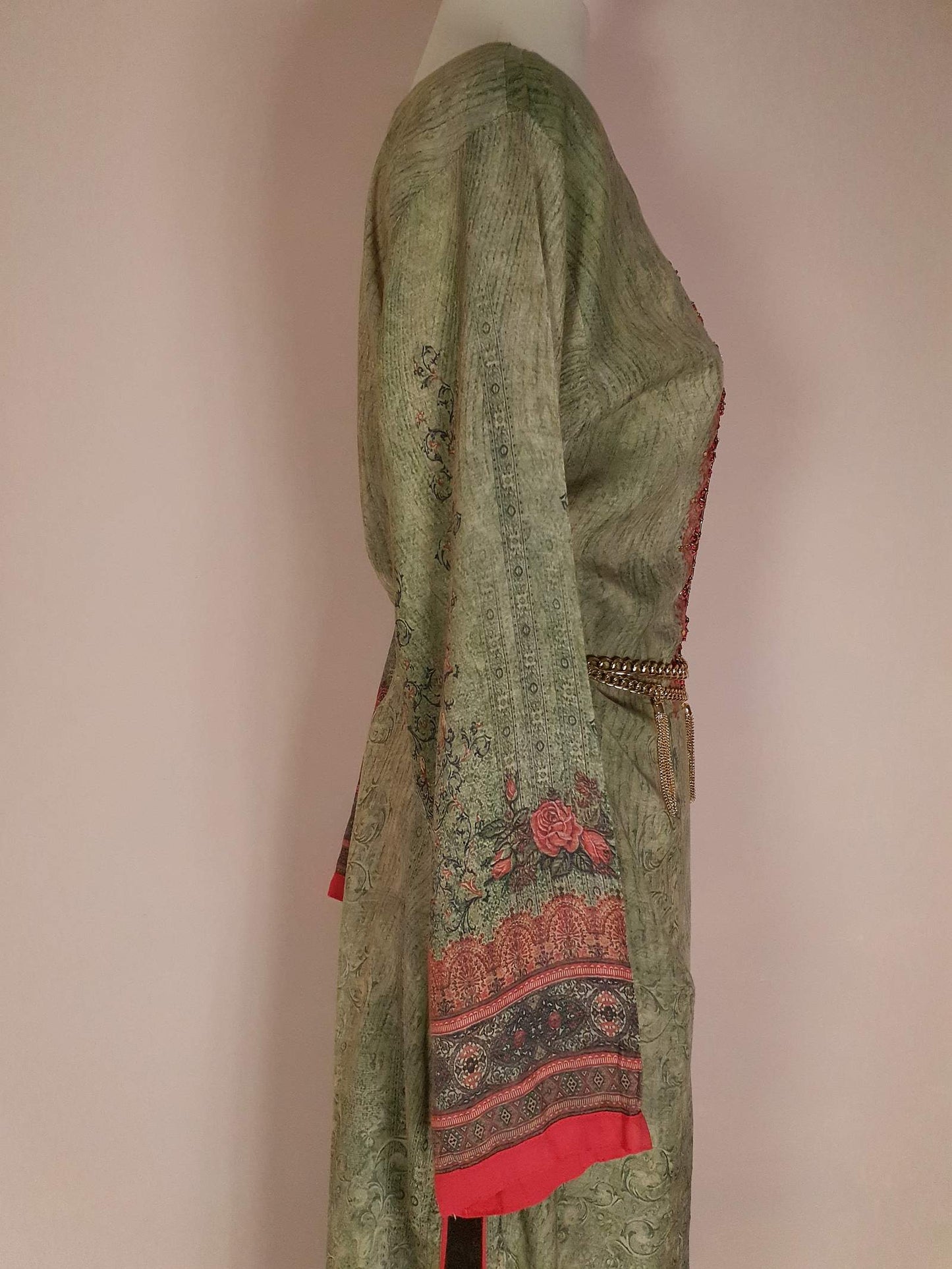 Vintage 1970s Bohemian Kaftan Green & Pink Boho Retro Beaded Maxi Caftan