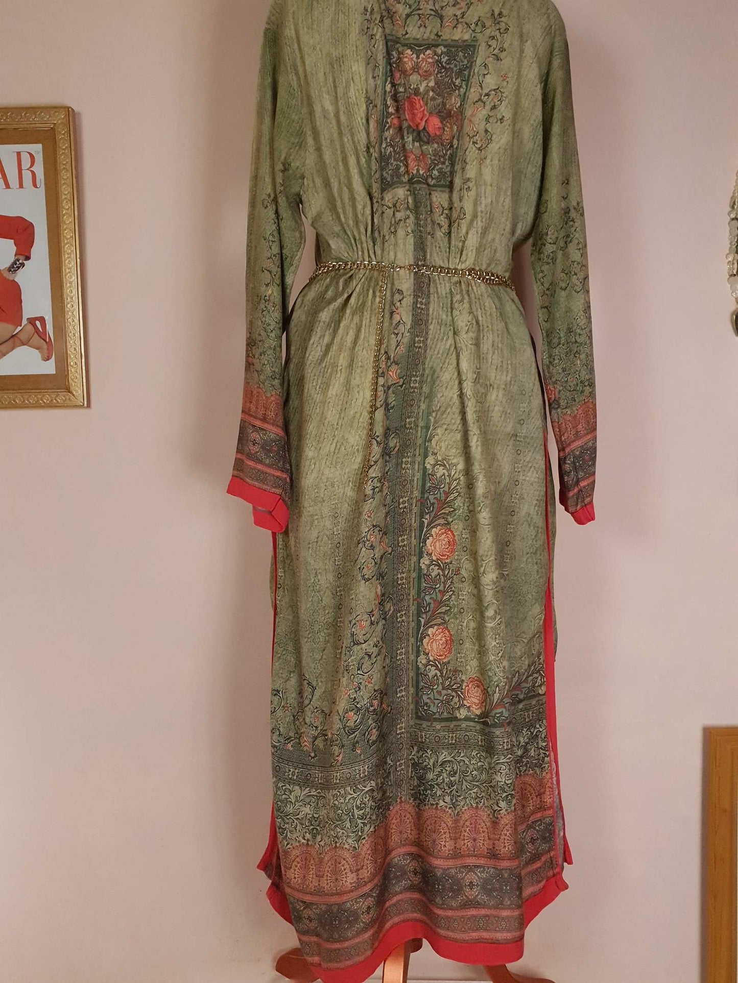 Vintage 1970s Bohemian Kaftan Green & Pink Boho Retro Beaded Maxi Caftan