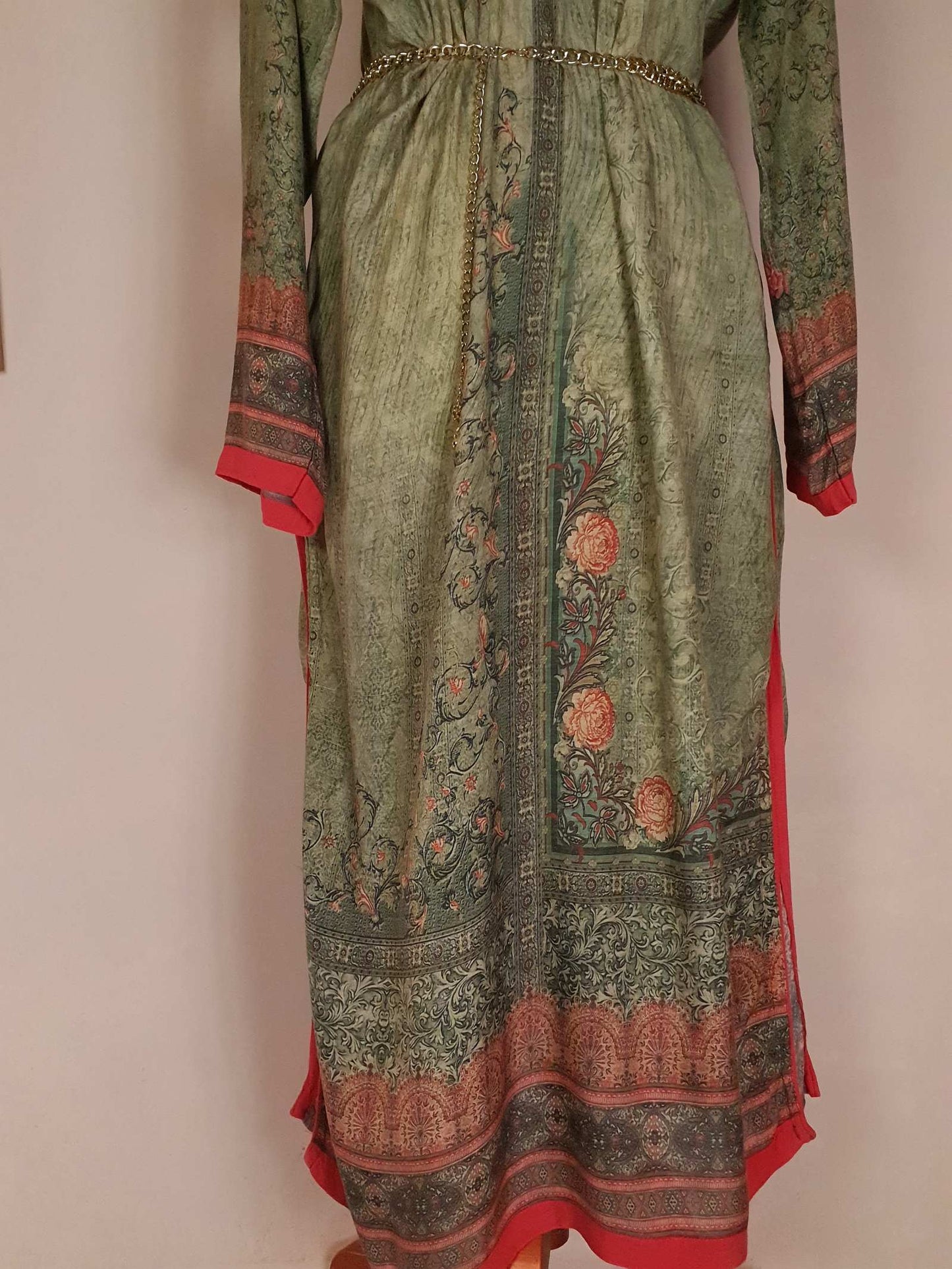 Vintage 1970s Bohemian Kaftan Green & Pink Boho Retro Beaded Maxi Caftan