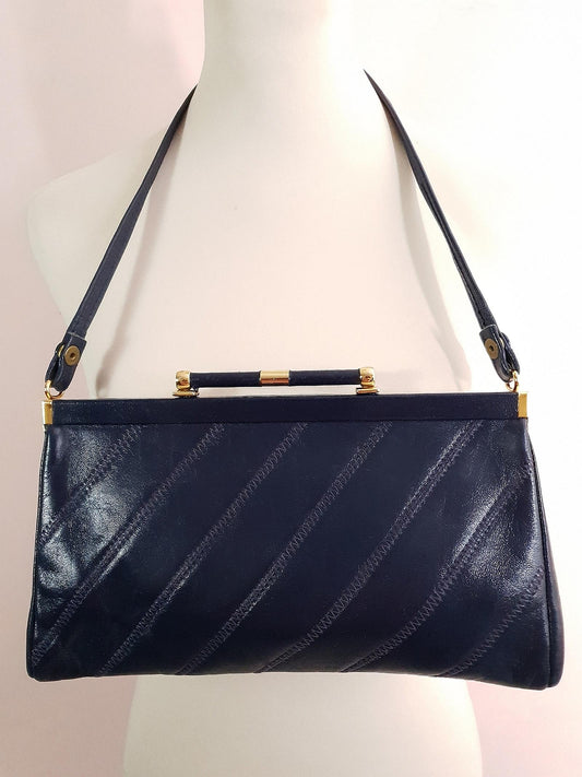 English Classics - Vintage 1970s Jane Shilton Navy Blue Leather Shoulder Bag Handbag