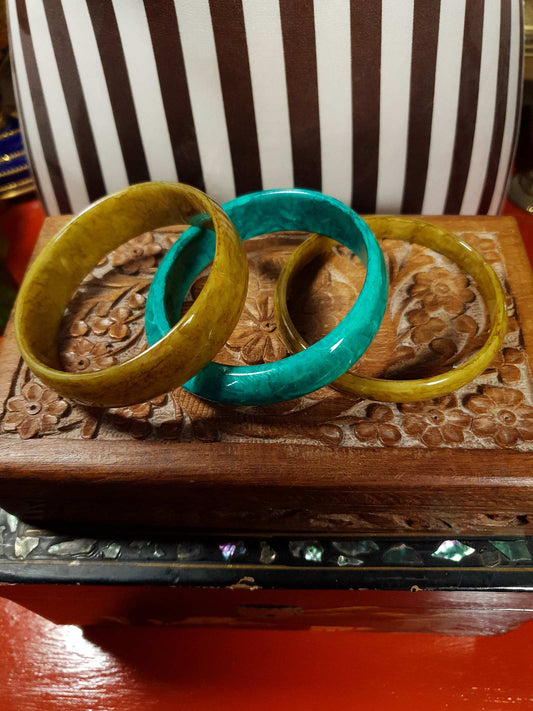 Vintage 1970s Marbled Resin Bangles Green Turquoise Bracelet Set Of Three Retro