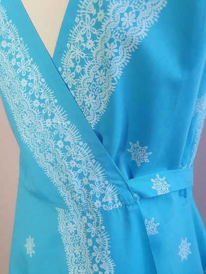 Vintage 70s Mid Blue White Lace Print Day Dress - Size 10