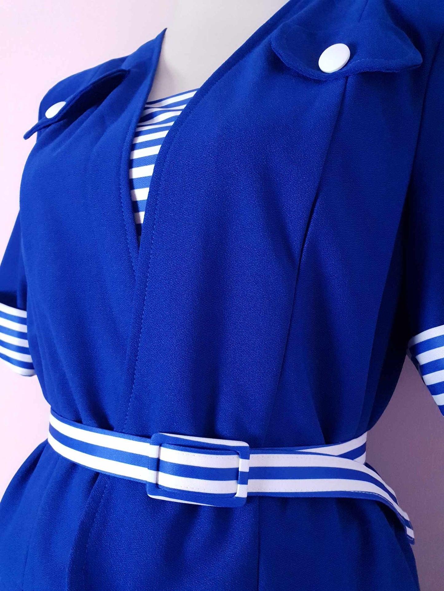 1970s Vintage Blue & White Dress & Jacket Suit Ladies Retro - Size 14 / 16