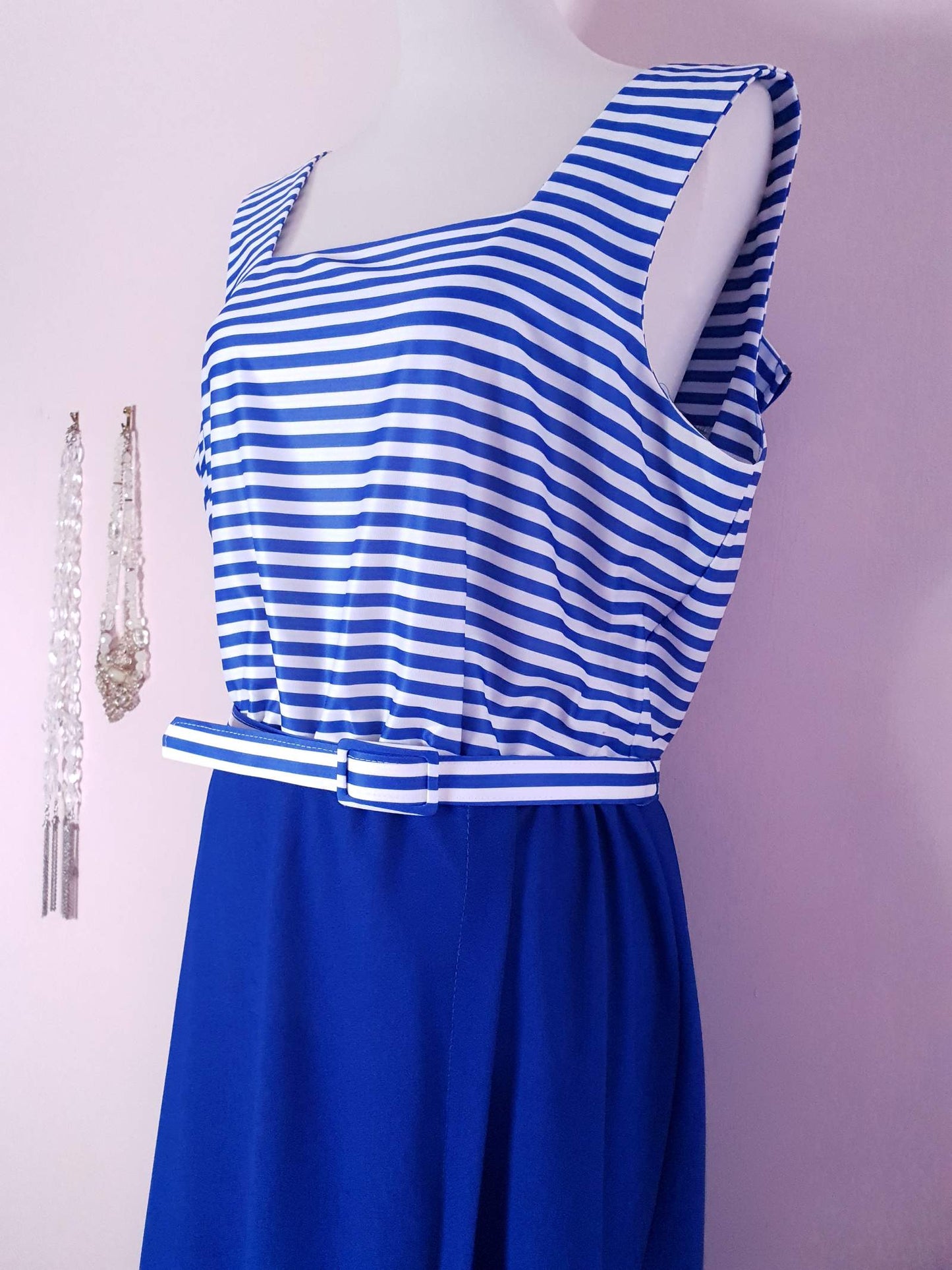 1970s Vintage Blue & White Dress & Jacket Suit Ladies Retro - Size 14 / 16