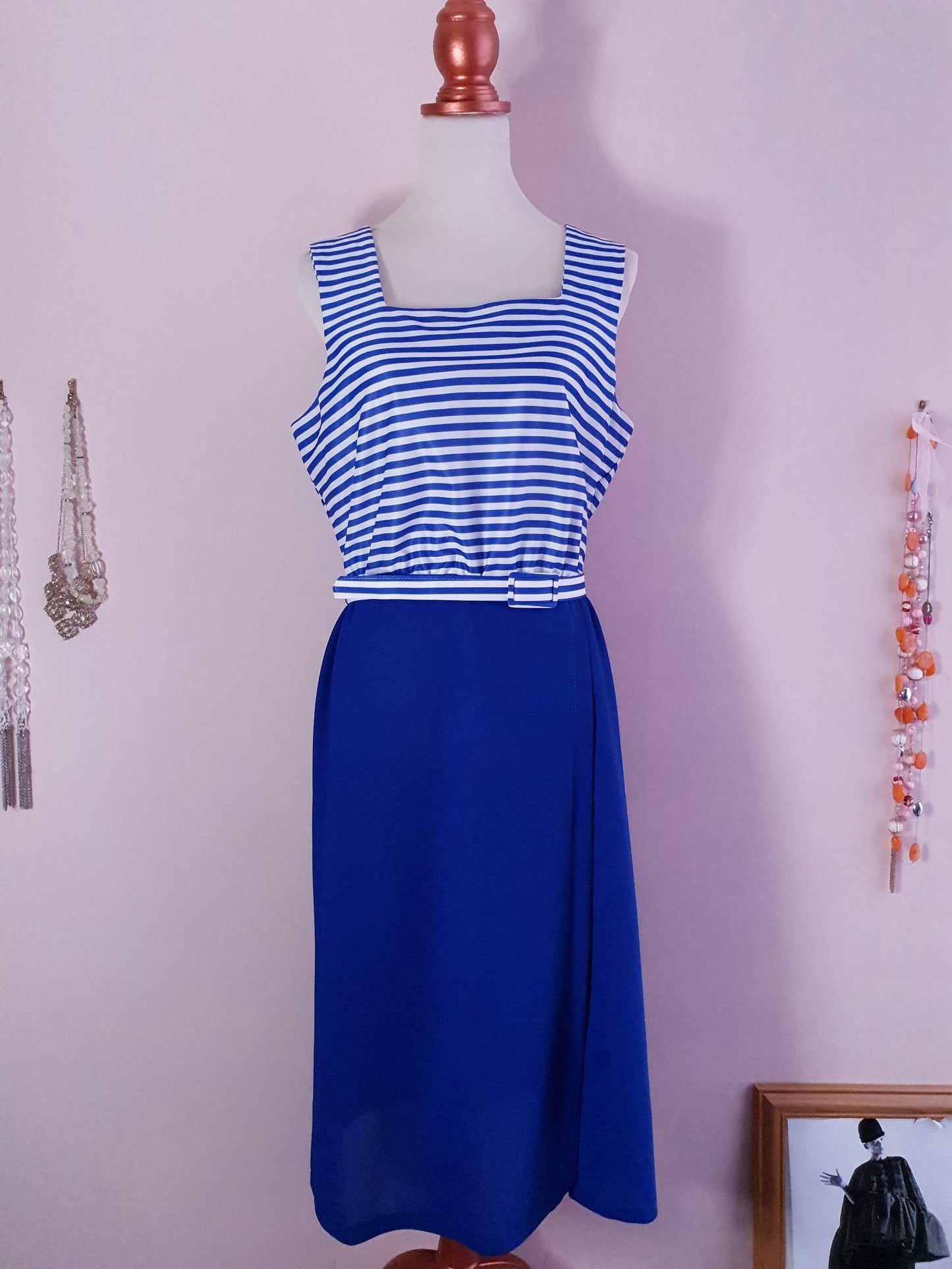 1970s Vintage Blue & White Dress & Jacket Suit Ladies Retro - Size 14 / 16