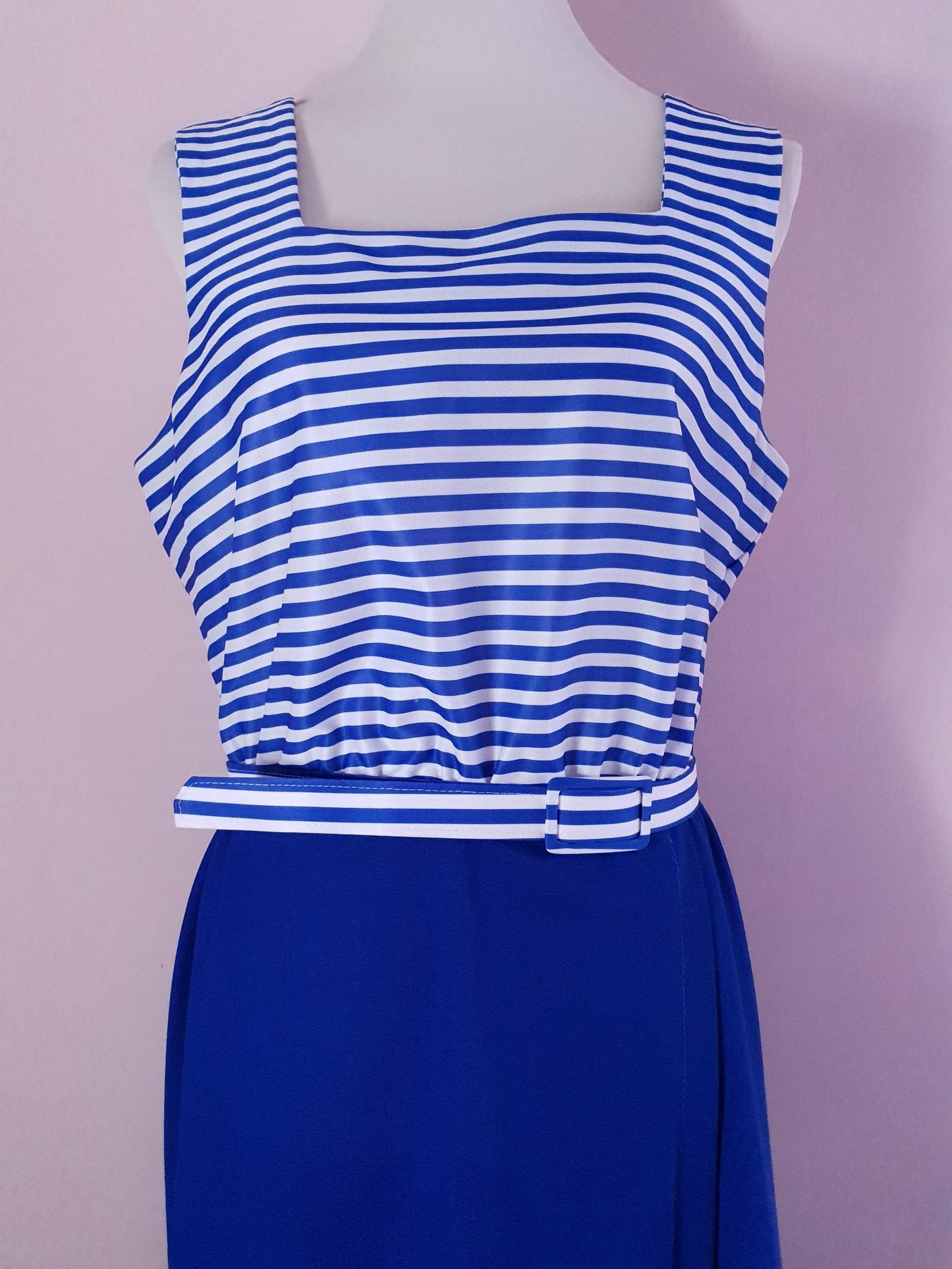 1970s Vintage Blue & White Dress & Jacket Suit Ladies Retro - Size 14 / 16