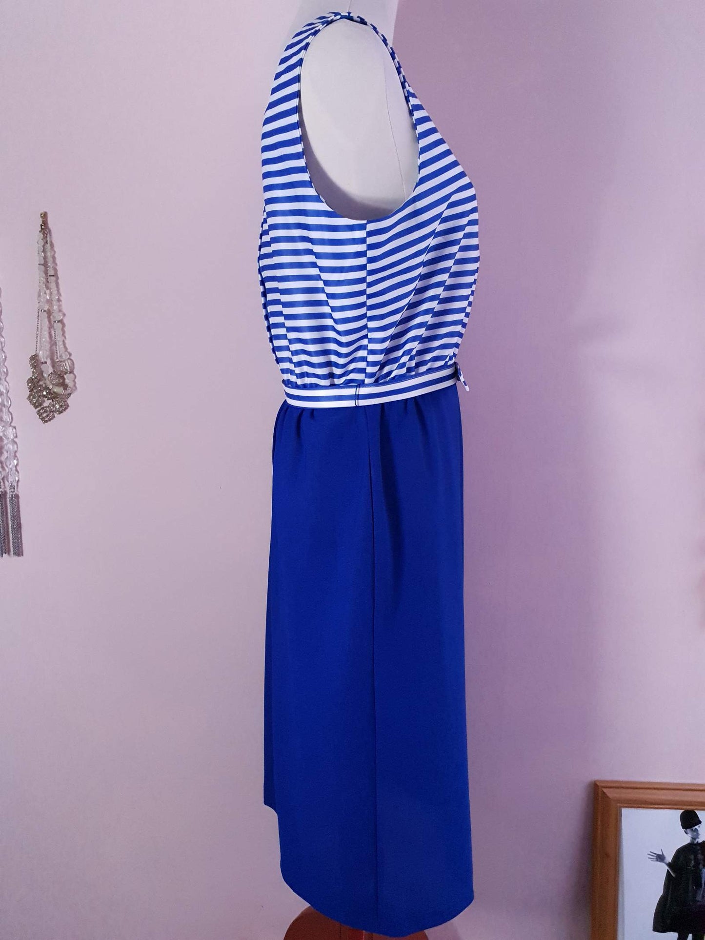 1970s Vintage Blue & White Dress & Jacket Suit Ladies Retro - Size 14 / 16