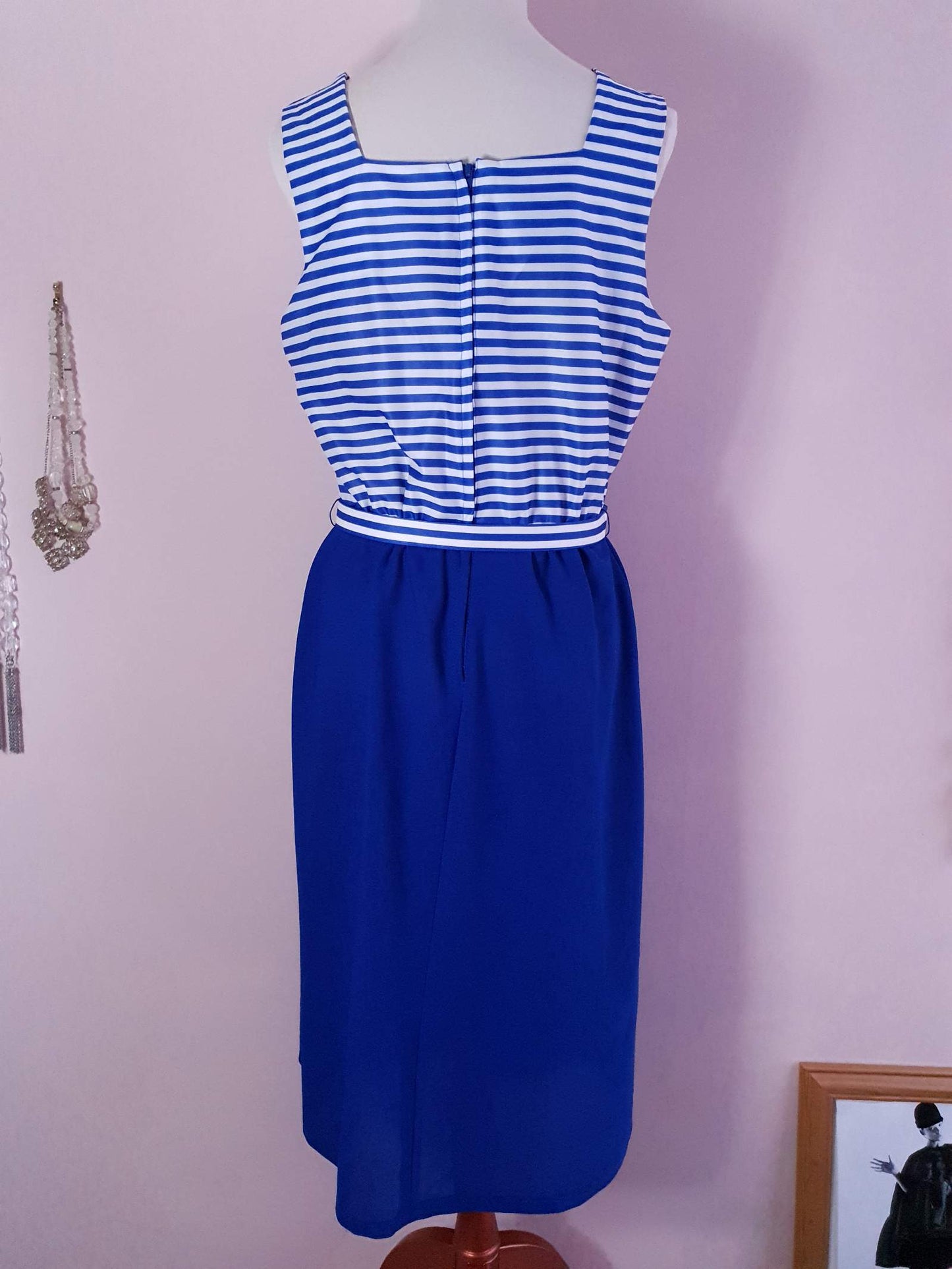 1970s Vintage Blue & White Dress & Jacket Suit Ladies Retro - Size 14 / 16