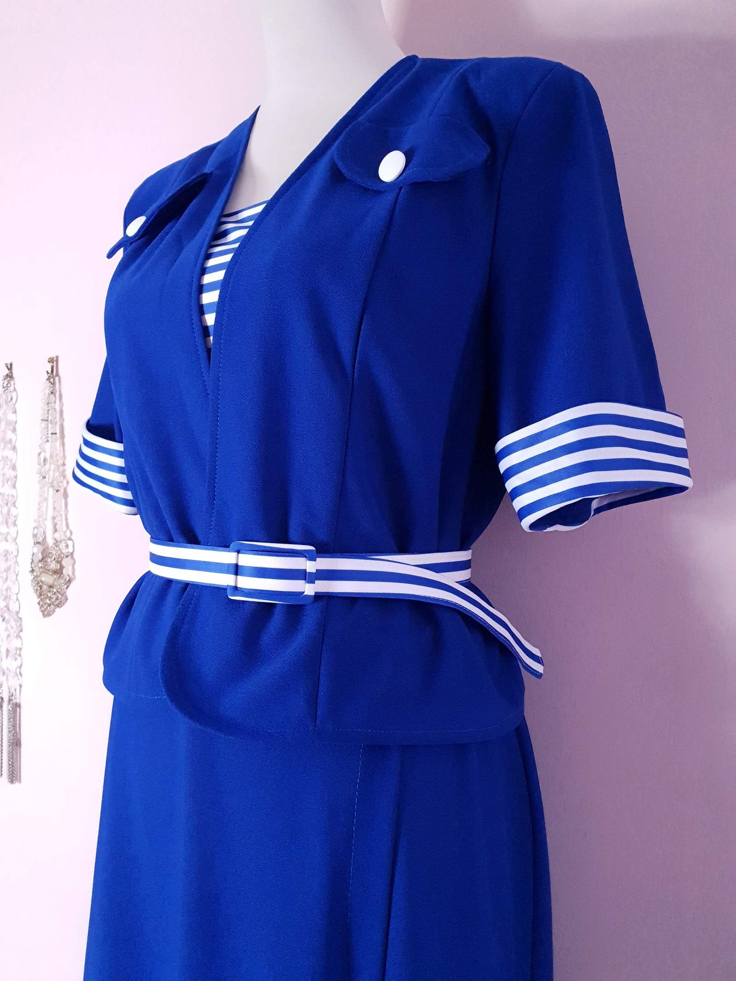 1970s Vintage Blue & White Dress & Jacket Suit Ladies Retro - Size 14 / 16