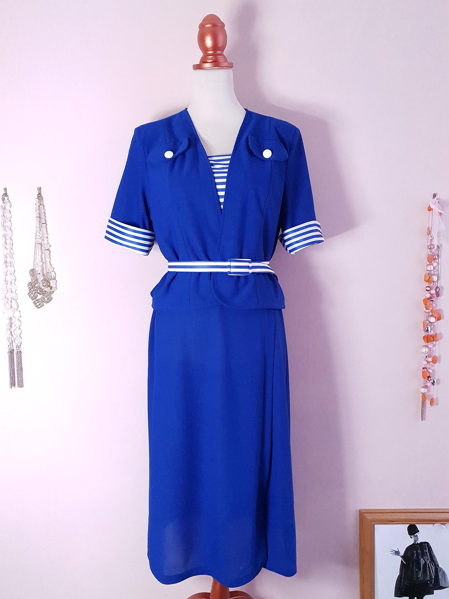 1970s Vintage Blue & White Dress & Jacket Suit Ladies Retro - Size 14 / 16