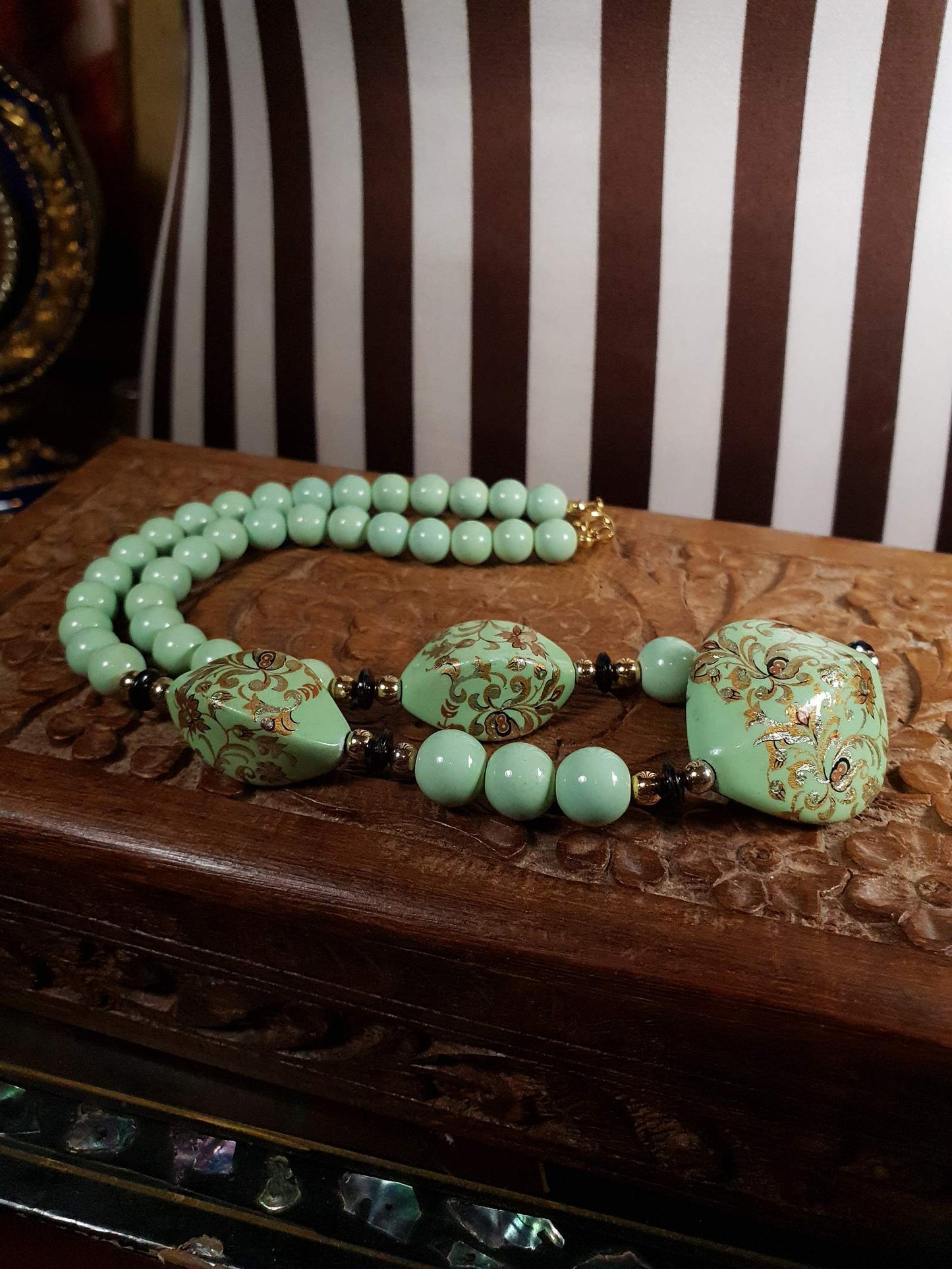 Vintage 70s Boho Necklace 19" Pale Green Bohemian Turquoise Hand Painted