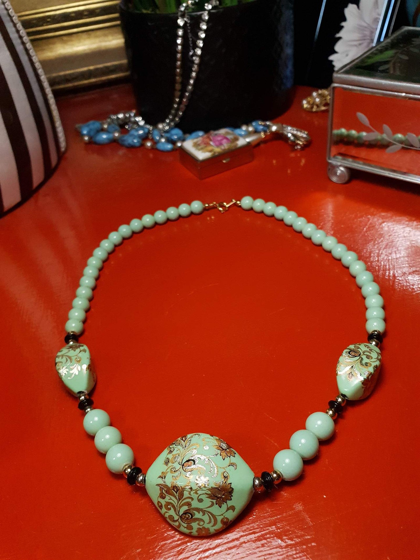 Vintage 70s Boho Necklace 19" Pale Green Bohemian Turquoise Hand Painted