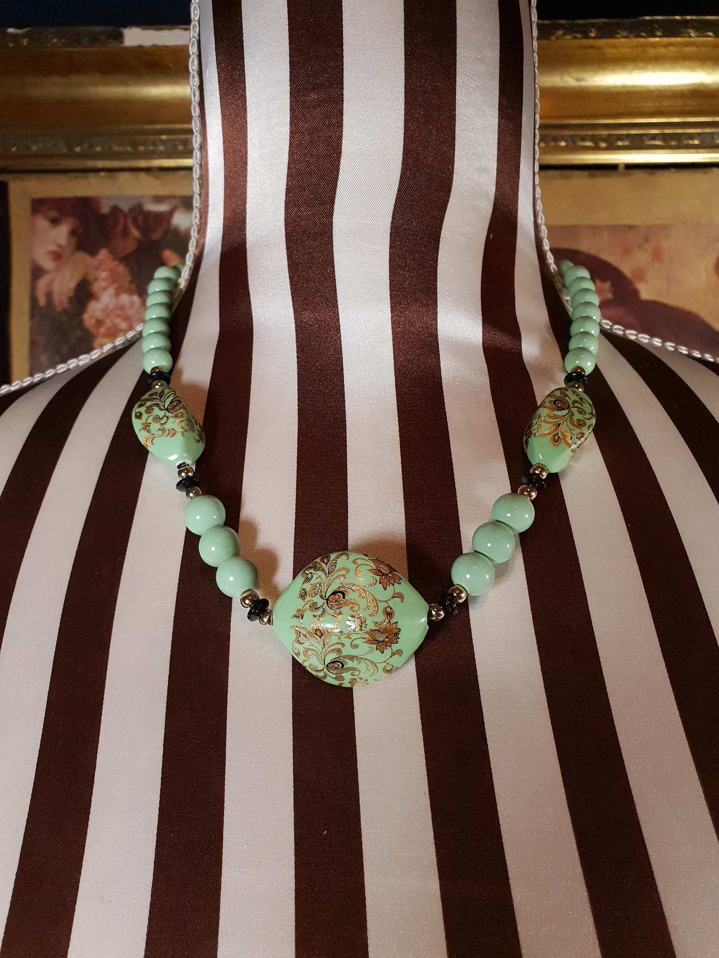 Vintage 70s Boho Necklace 19" Pale Green Bohemian Turquoise Hand Painted