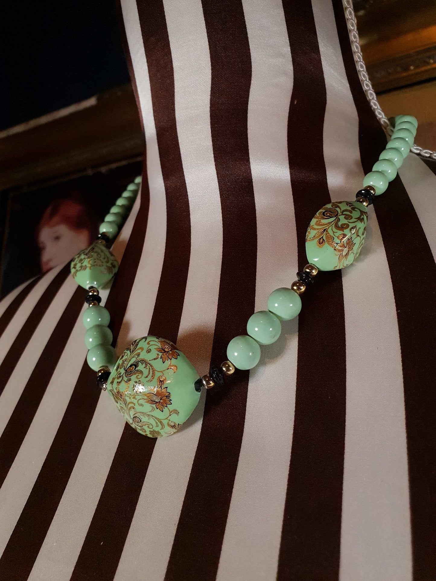 Vintage 70s Boho Necklace 19" Pale Green Bohemian Turquoise Hand Painted