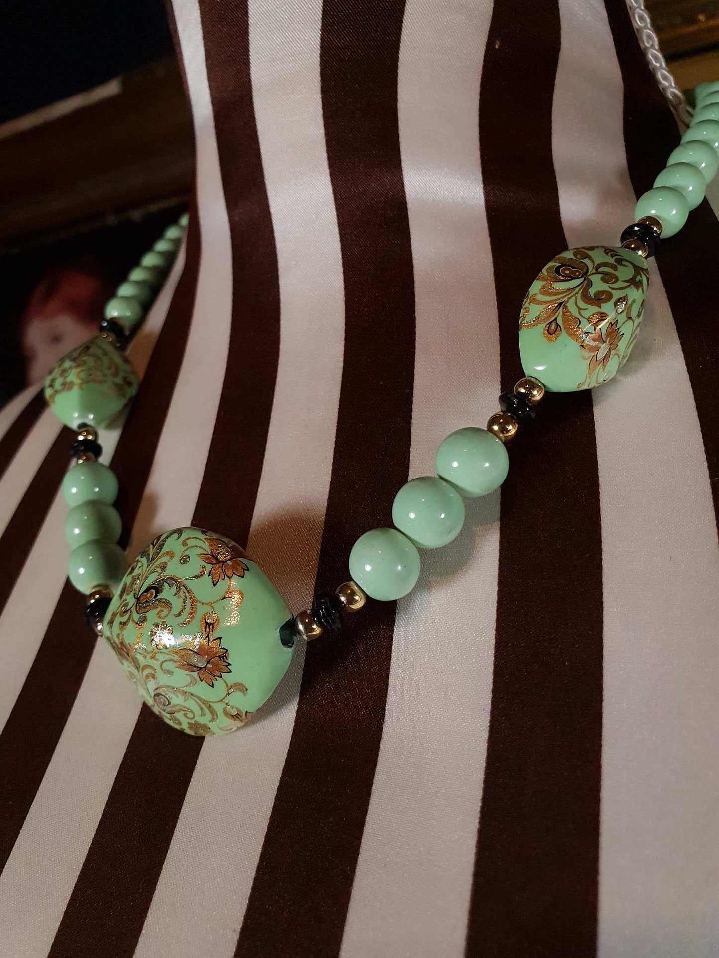 Vintage 70s Boho Necklace 19" Pale Green Bohemian Turquoise Hand Painted