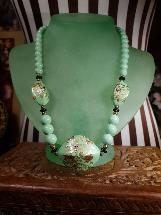 Vintage 70s Boho Necklace 19" Pale Green Bohemian Turquoise Hand Painted