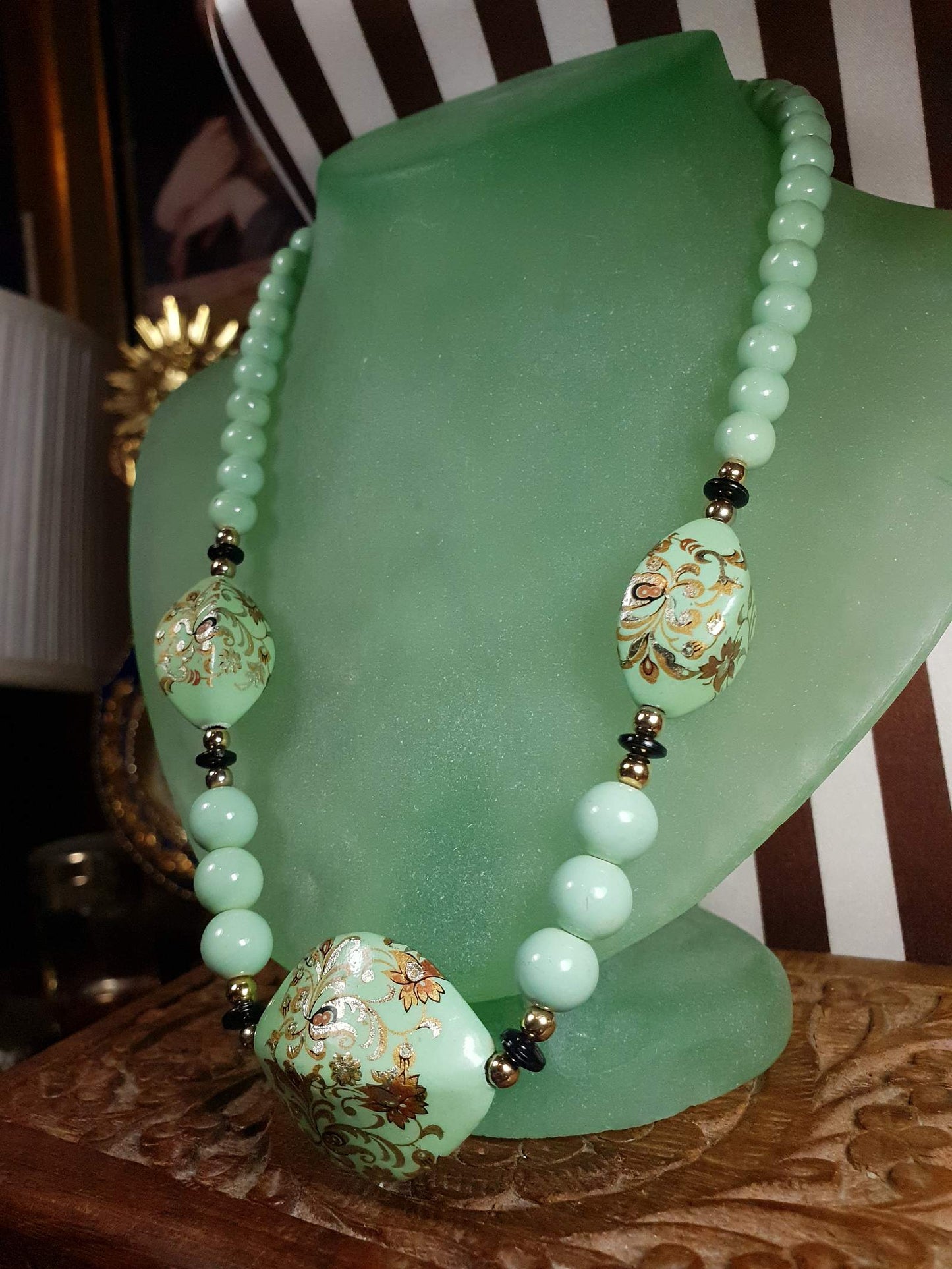 Vintage 70s Boho Necklace 19" Pale Green Bohemian Turquoise Hand Painted