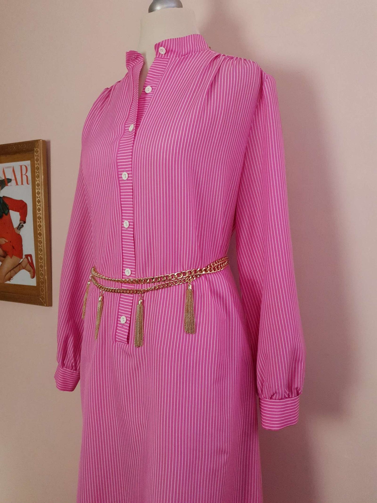 1970s Vintage Cerise Pink Striped Dress Midi Retro - Size 12