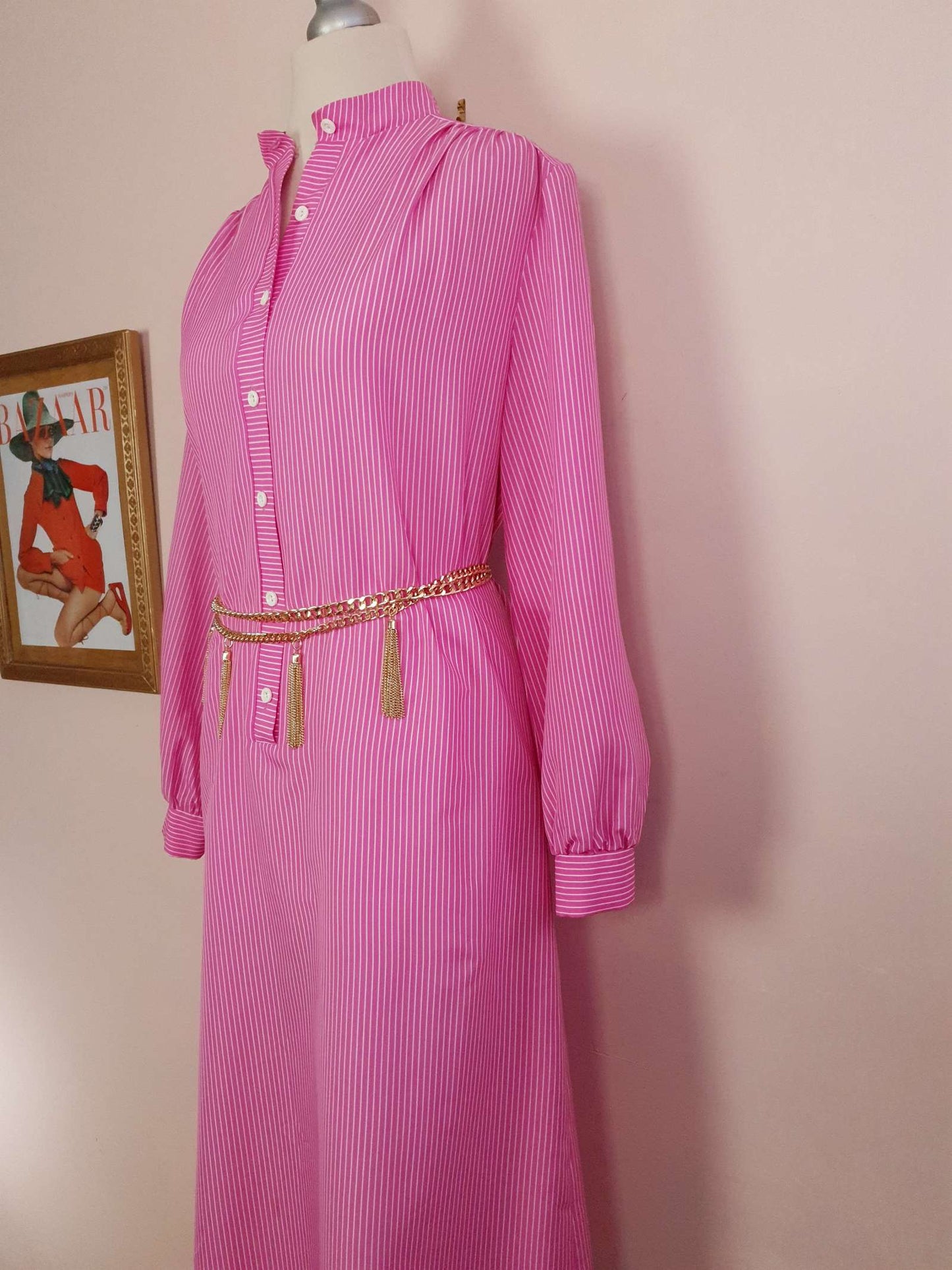 1970s Vintage Cerise Pink Striped Dress Midi Retro - Size 12