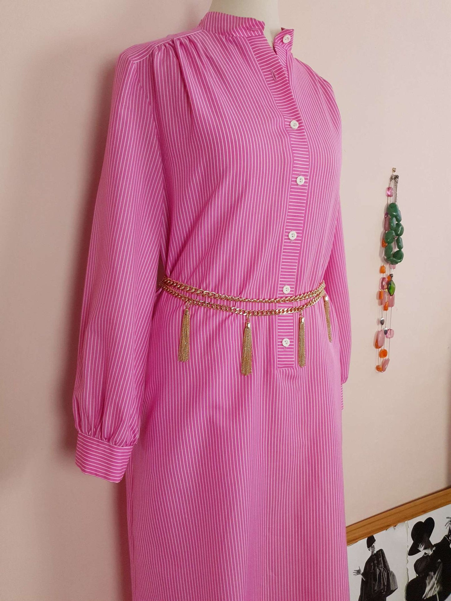 1970s Vintage Cerise Pink Striped Dress Midi Retro - Size 12