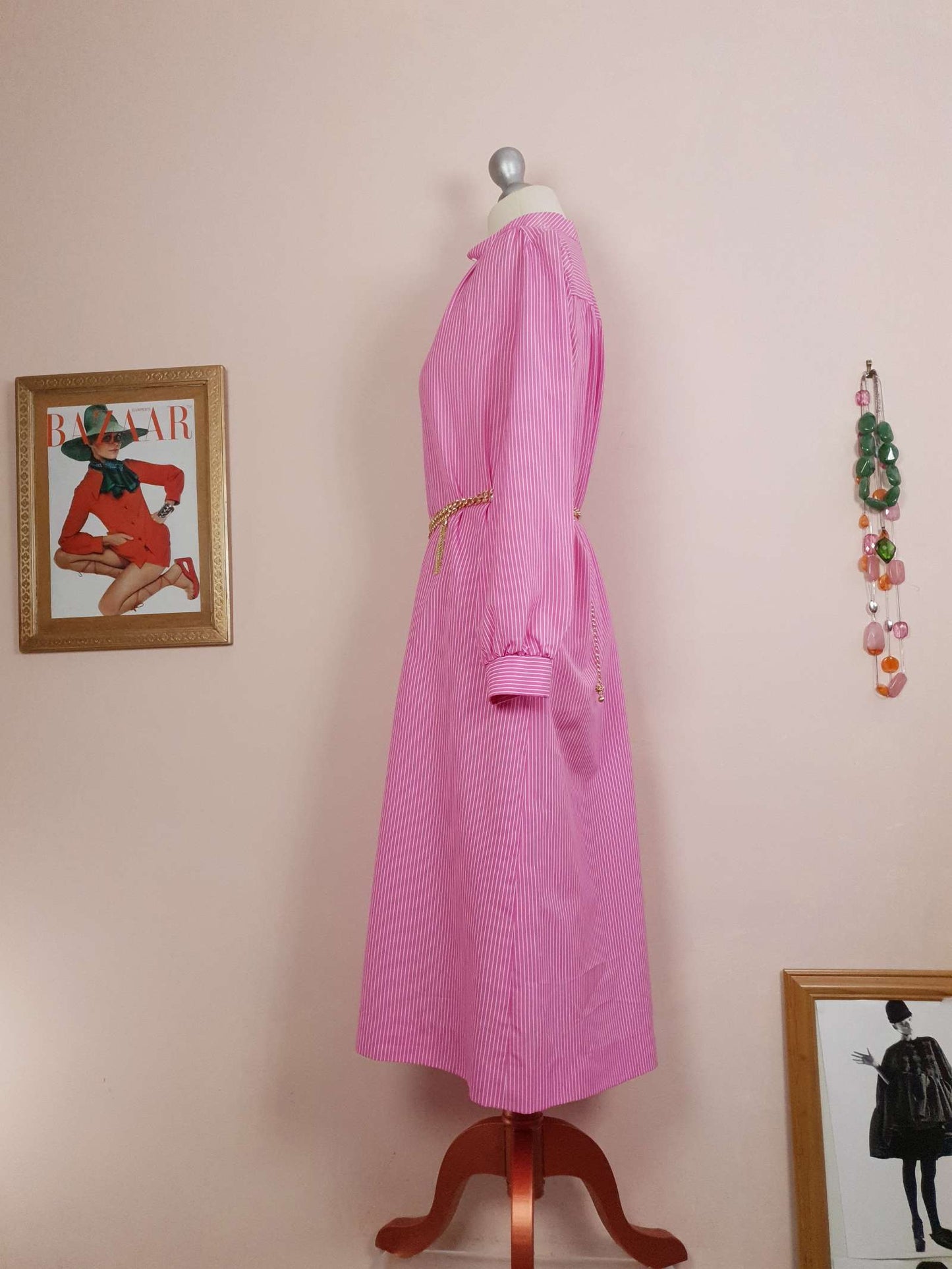 1970s Vintage Cerise Pink Striped Dress Midi Retro - Size 12