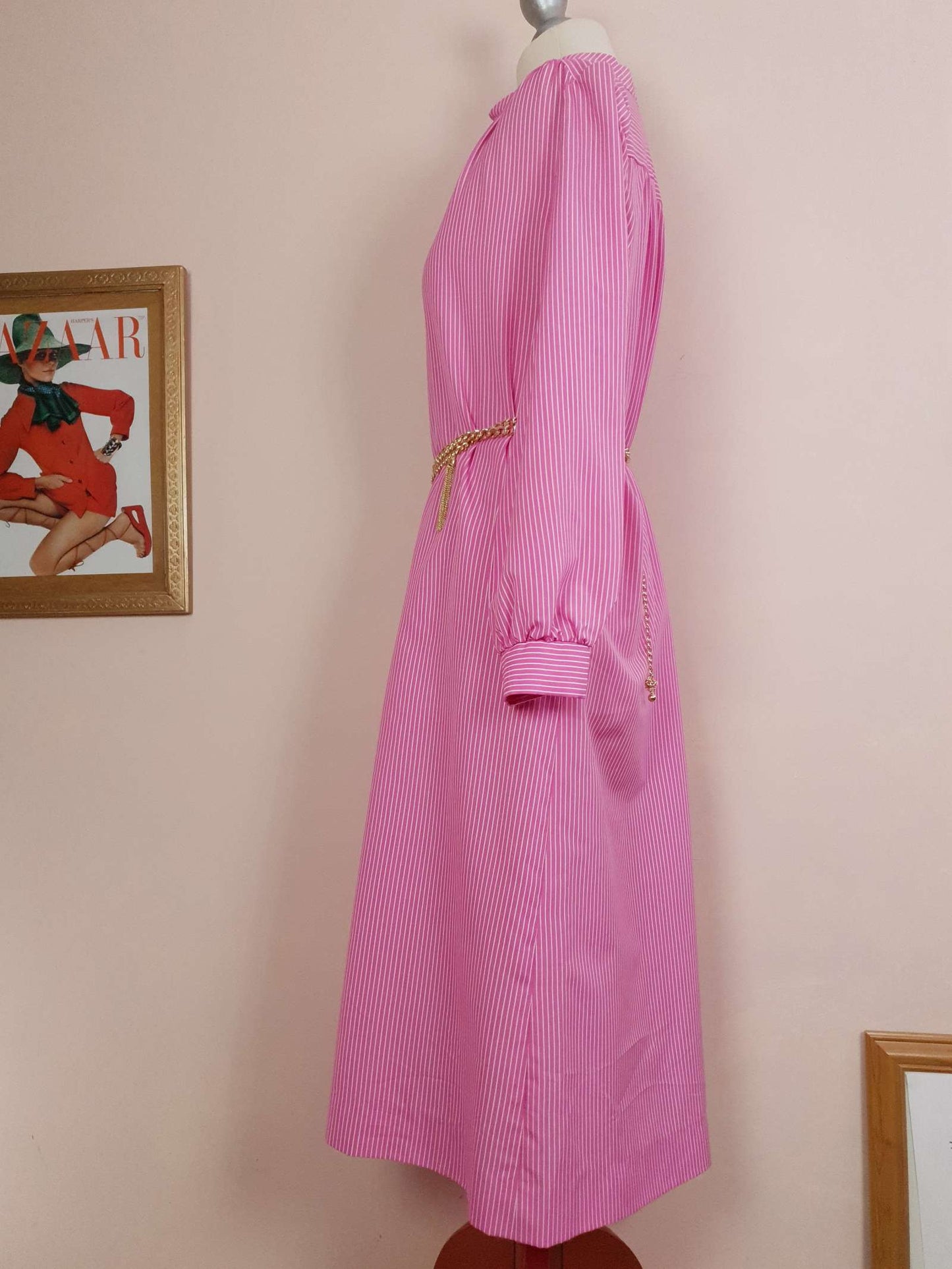 1970s Vintage Cerise Pink Striped Dress Midi Retro - Size 12