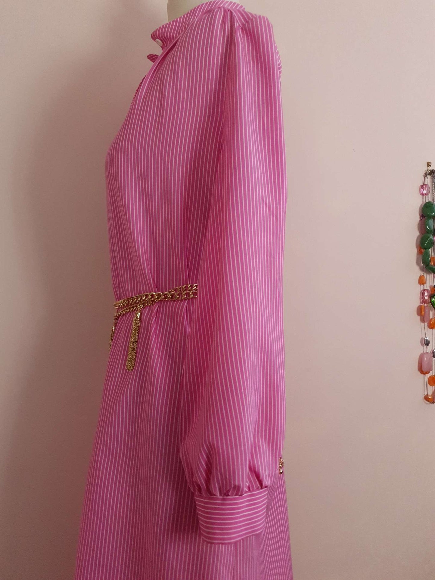 1970s Vintage Cerise Pink Striped Dress Midi Retro - Size 12