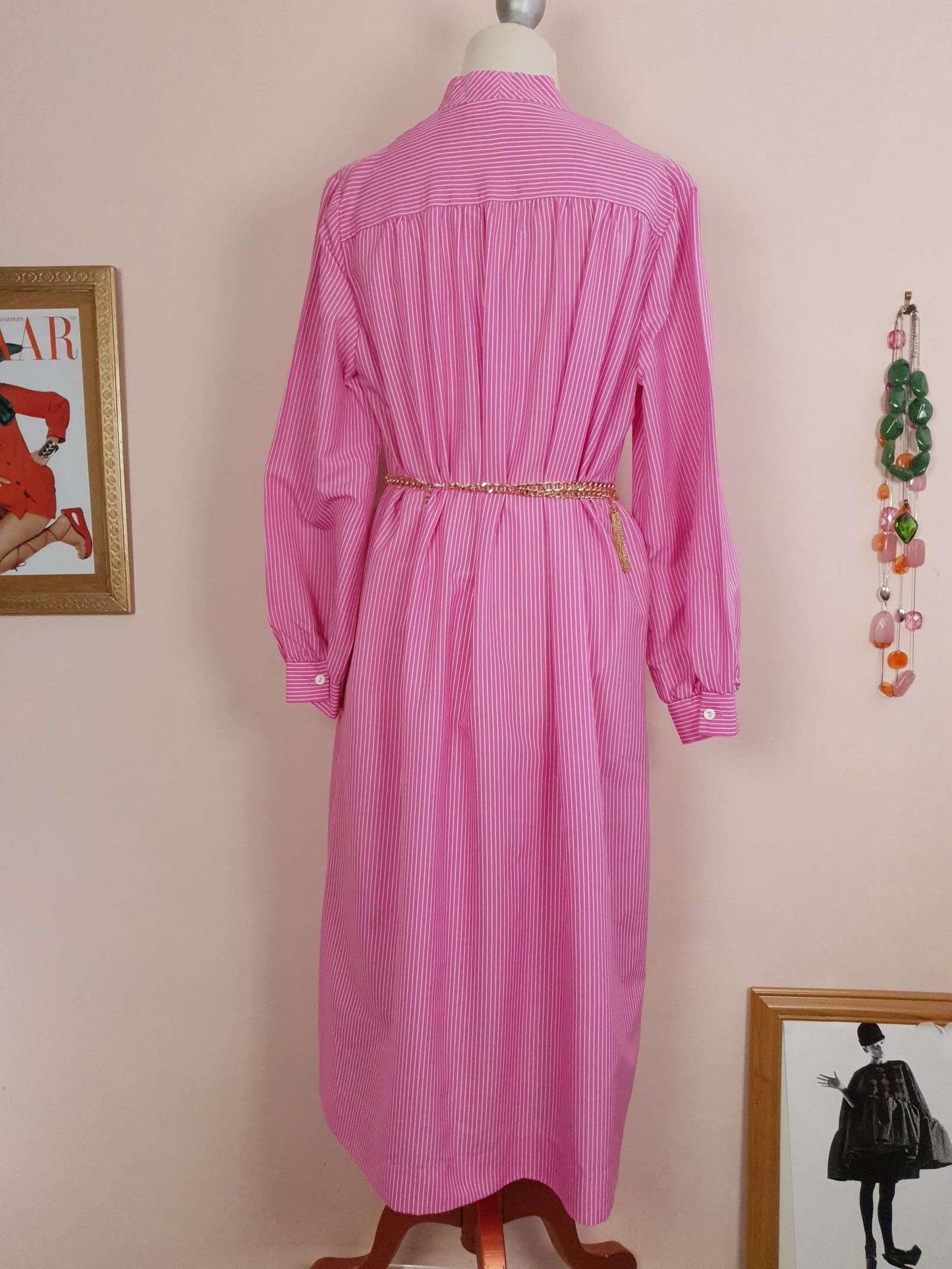 1970s Vintage Cerise Pink Striped Dress Midi Retro - Size 12