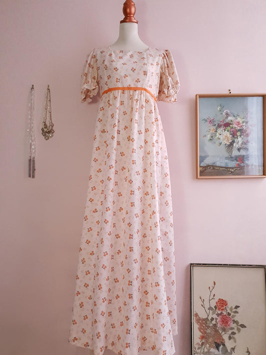 Romantic 70s Vintage Orange Flower Bohemian Prairie Dress - Size 14