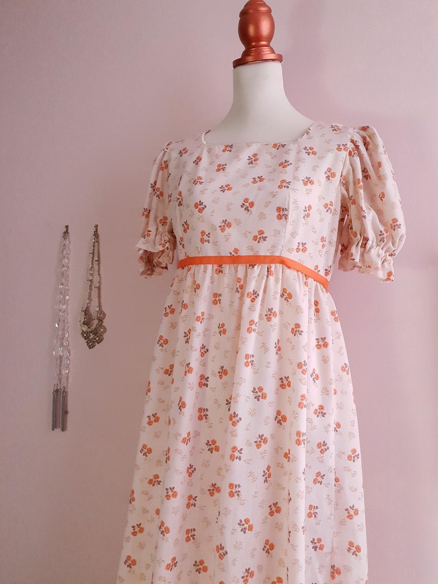 Romantic 70s Vintage Orange Flower Bohemian Prairie Dress - Size 14