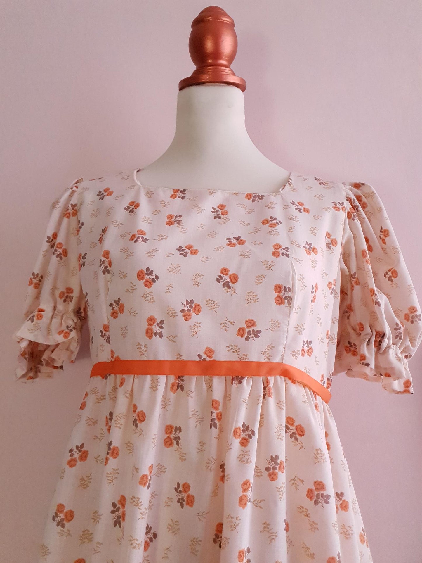 Romantic 70s Vintage Orange Flower Bohemian Prairie Dress - Size 14