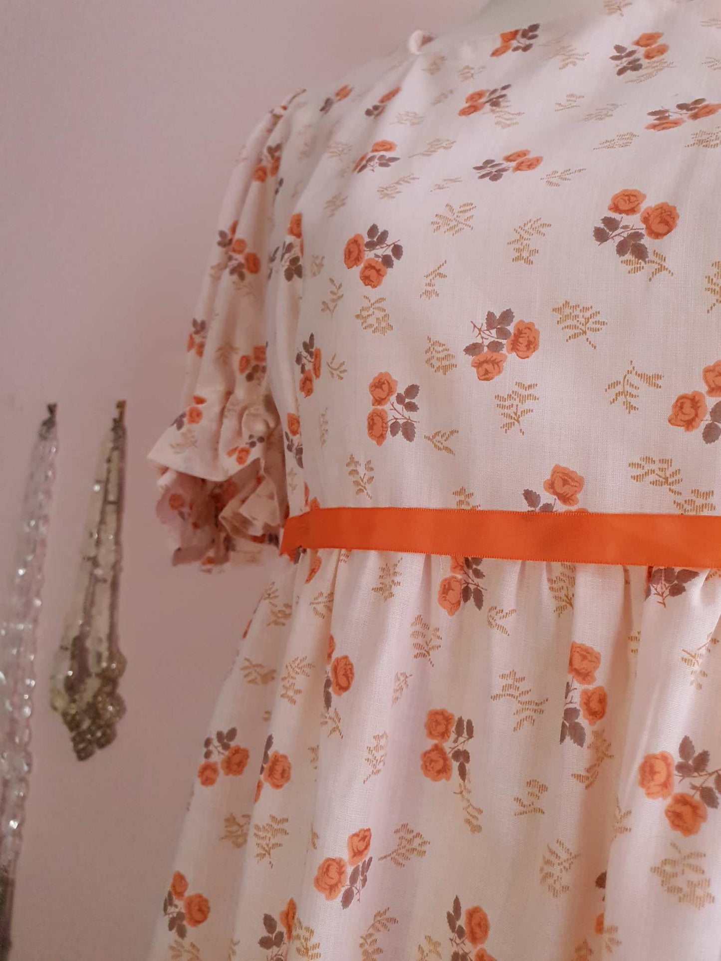 Romantic 70s Vintage Orange Flower Bohemian Prairie Dress - Size 14