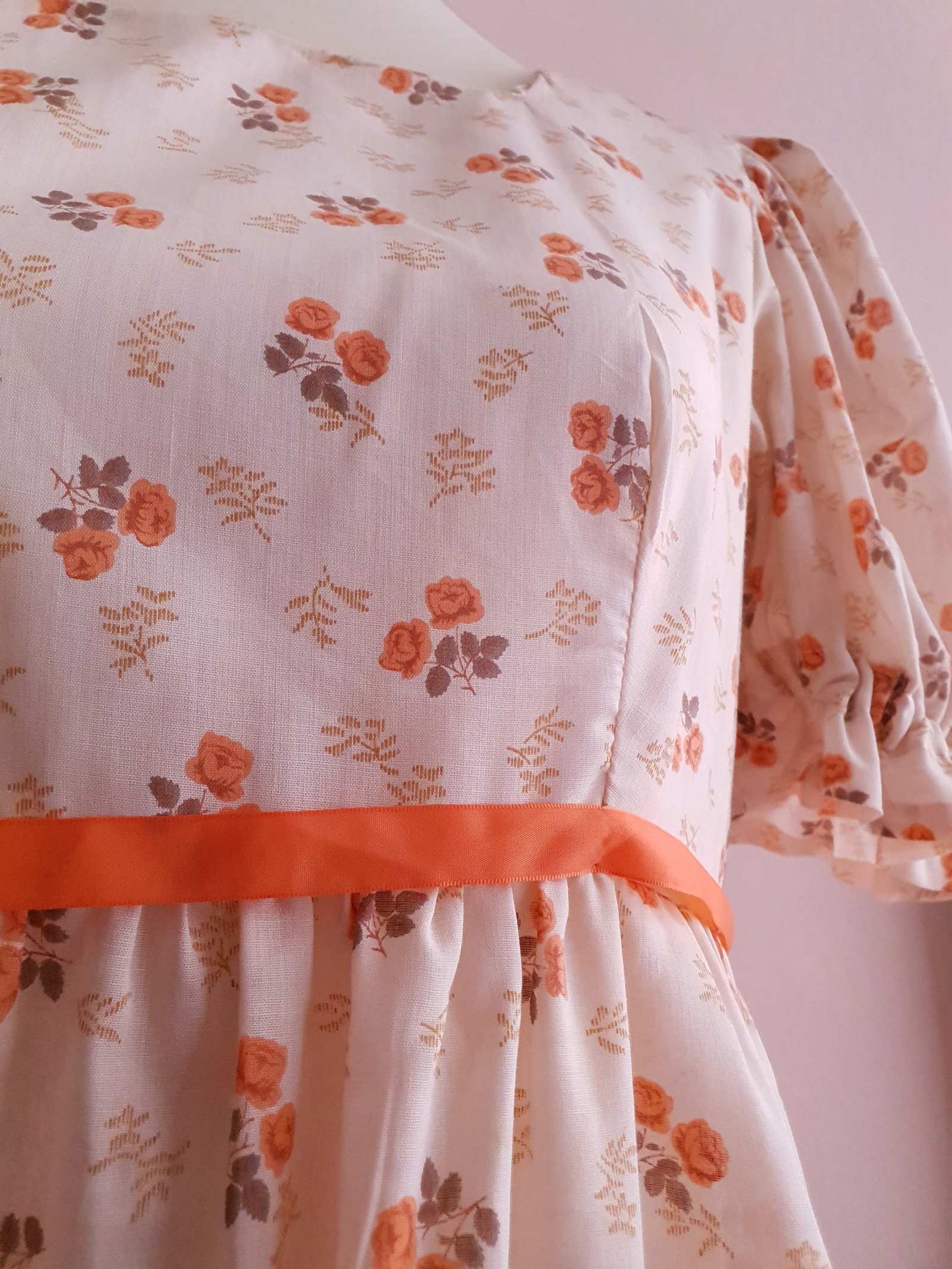 Romantic 70s Vintage Orange Flower Bohemian Prairie Dress - Size 14