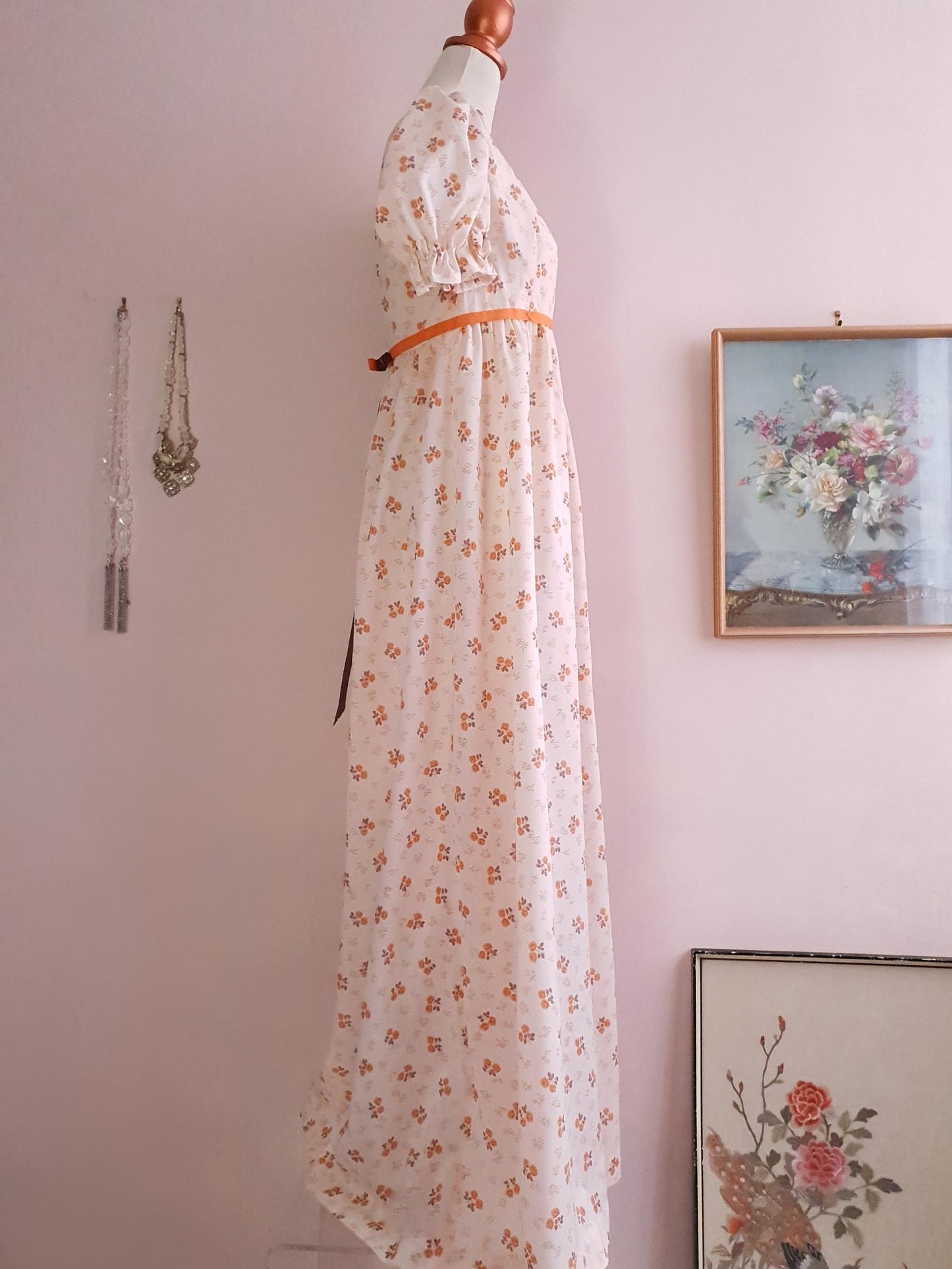 Romantic 70s Vintage Orange Flower Bohemian Prairie Dress - Size 14