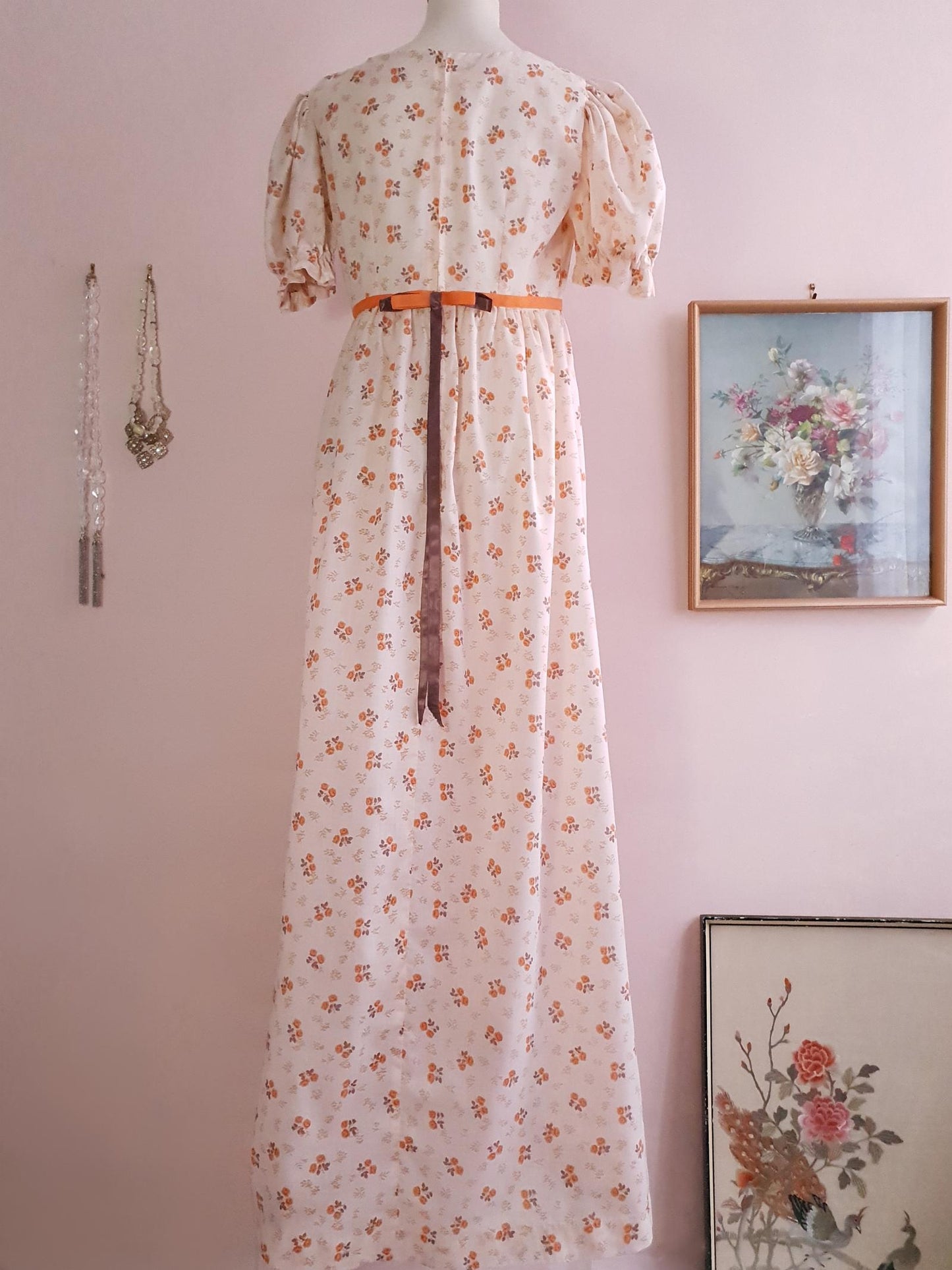 Romantic 70s Vintage Orange Flower Bohemian Prairie Dress - Size 14